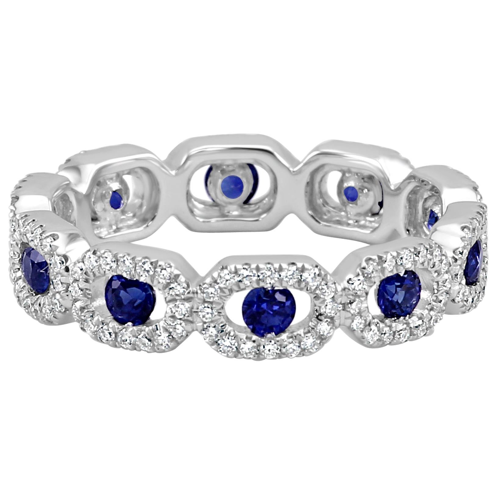 Blue Sapphire Round White Diamond Halo Eternity Cocktail Fashion Band Gold Ring