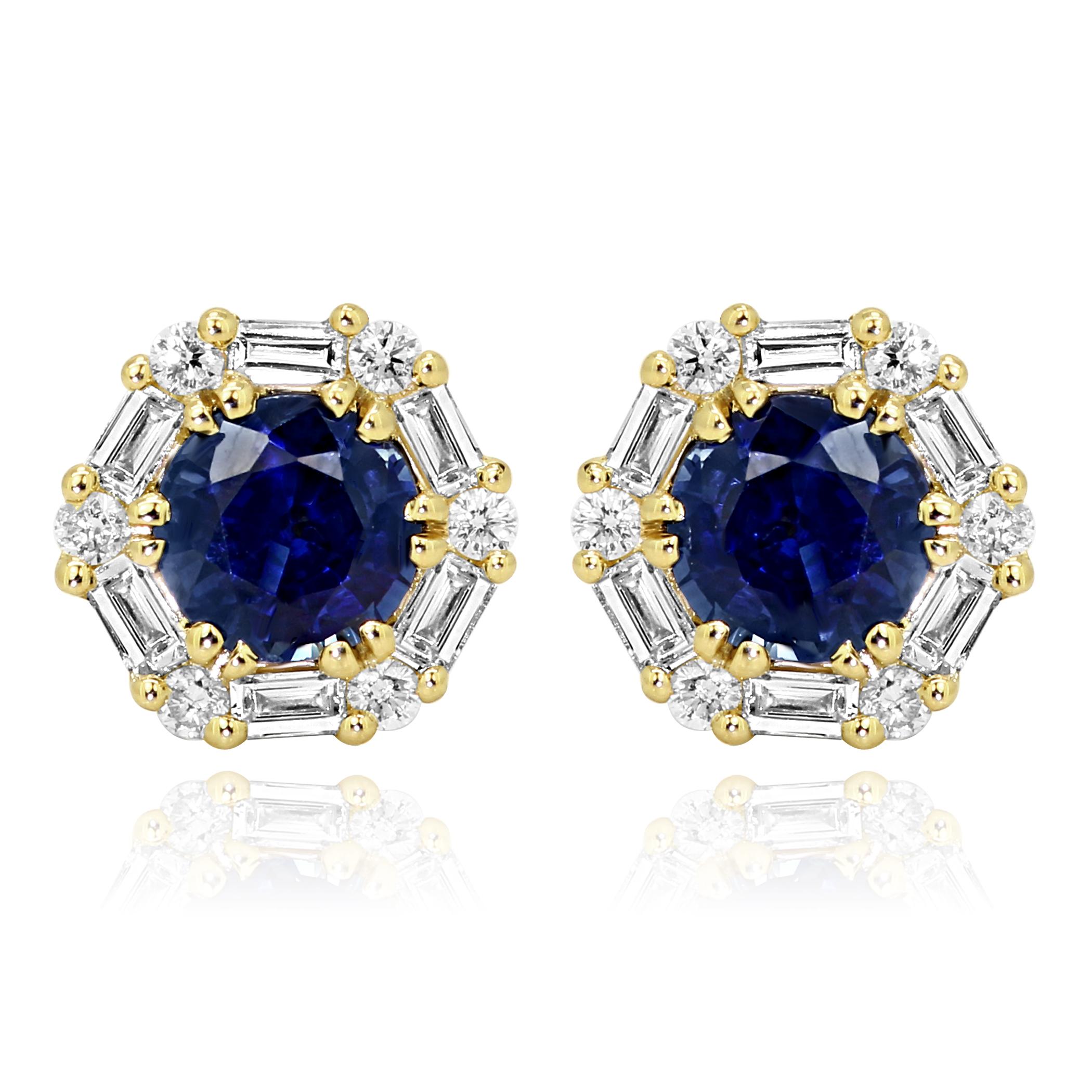 2 Blue Sapphire Round 1.39 Carat Encircled in a Halo White Diamond Round 0.13 Carat and White  Diamond Baguettes 0.24 Carat in 14K Yellow Gold Gorgeous Earring.

Style available in different price ranges. Prices are based on your selection of 4C's