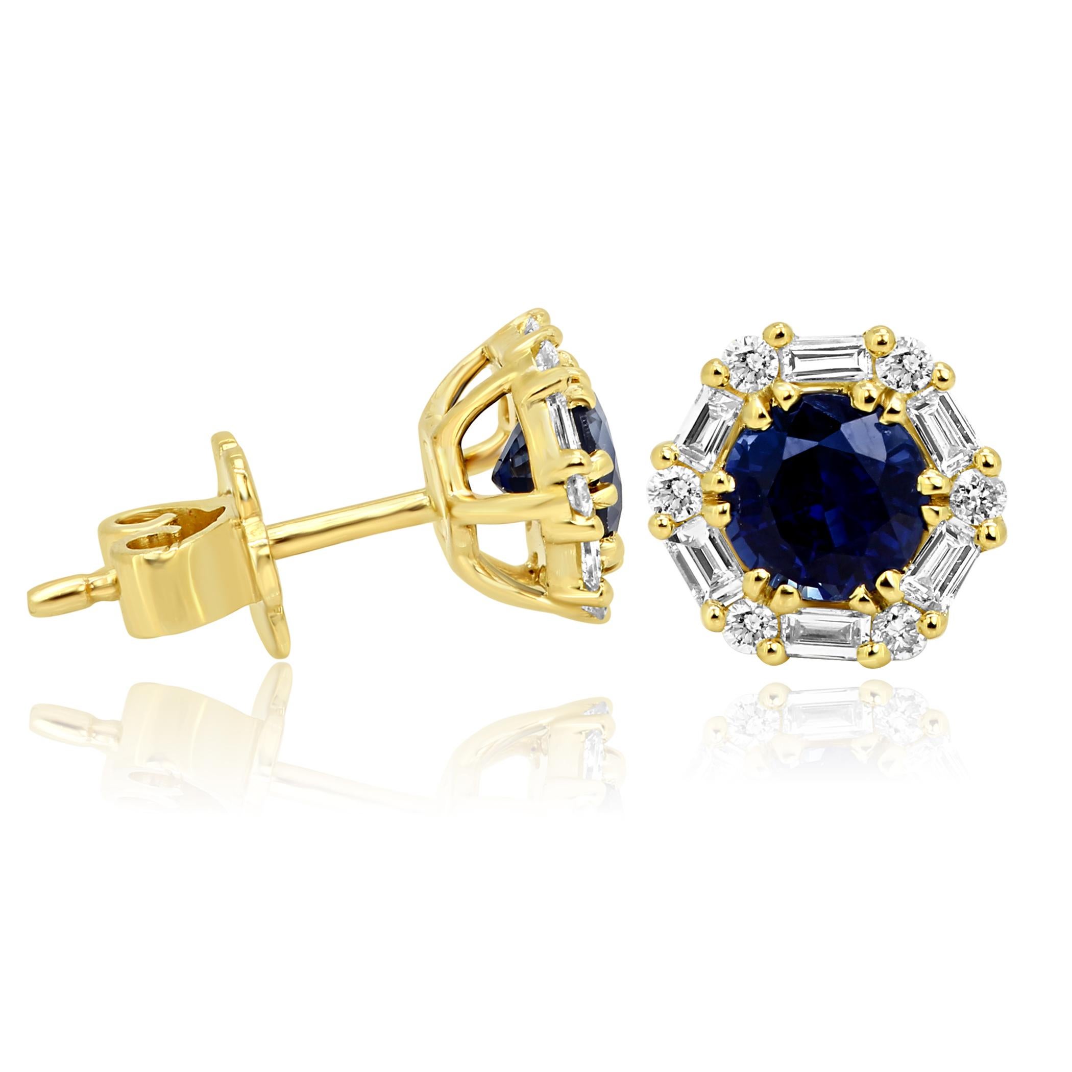 Modern Blue Sapphire Round White Diamond Halo 14k Yellow Gold Fashion Stud Earring