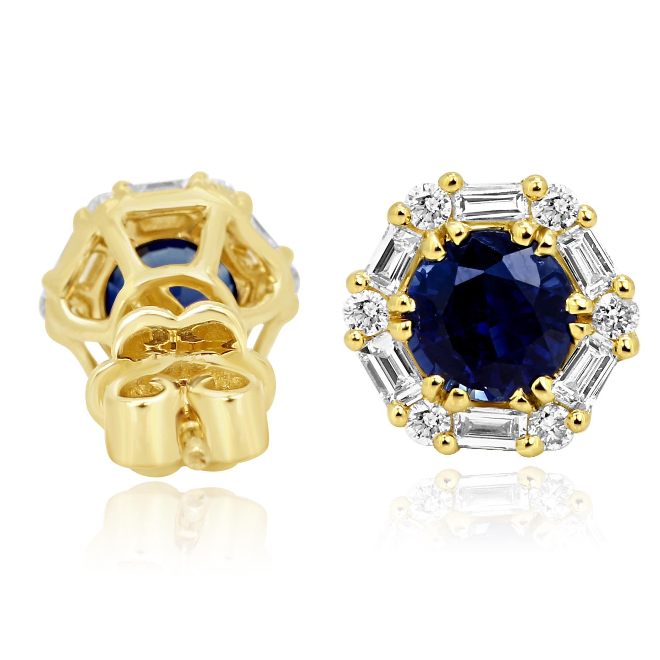 Round Cut Blue Sapphire Round White Diamond Halo 14k Yellow Gold Fashion Stud Earring