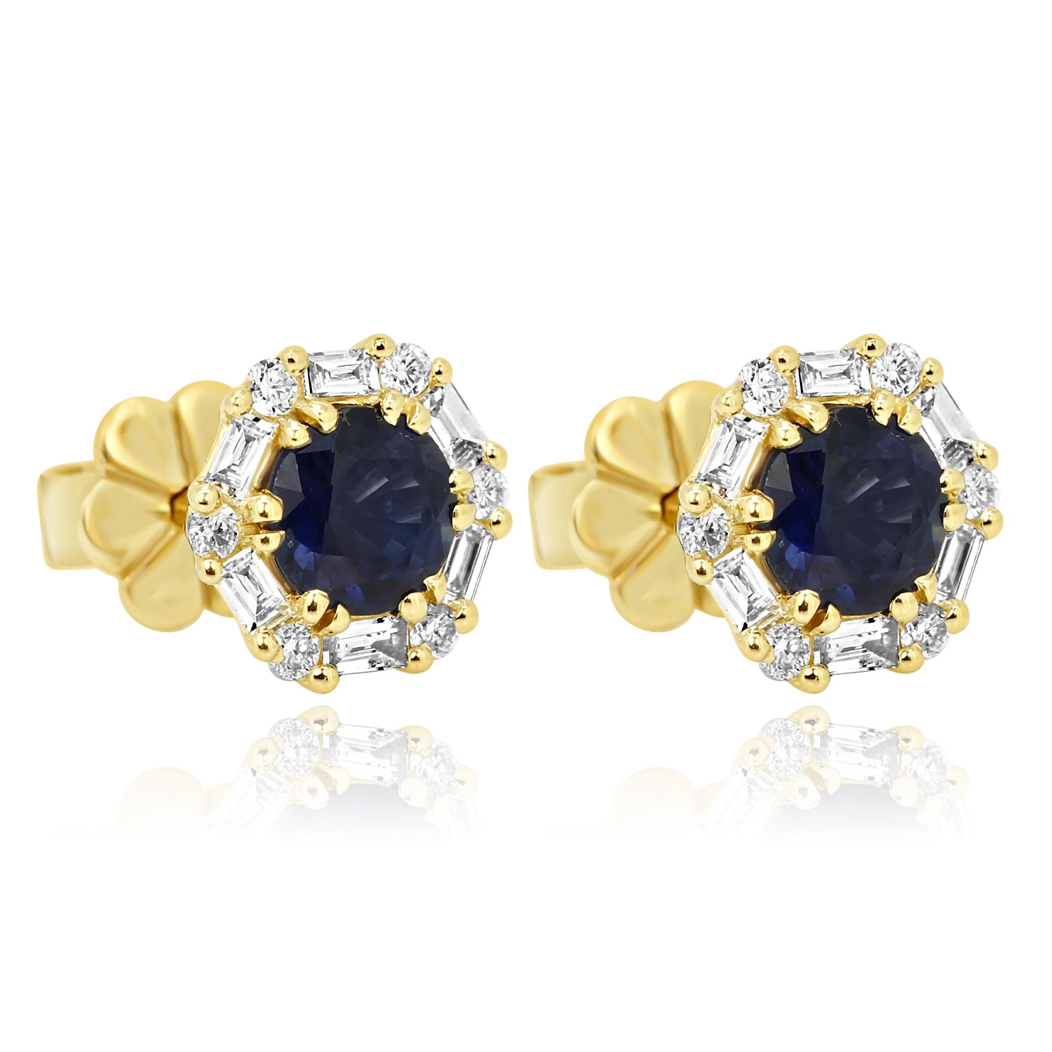 Blue Sapphire Round White Diamond Halo 14k Yellow Gold Fashion Stud Earring In New Condition In NEW YORK, NY