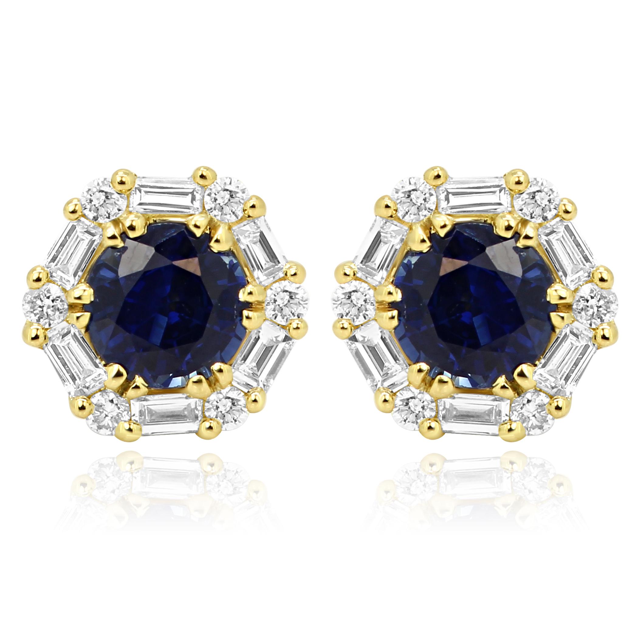 Women's Blue Sapphire Round White Diamond Halo 14k Yellow Gold Fashion Stud Earring