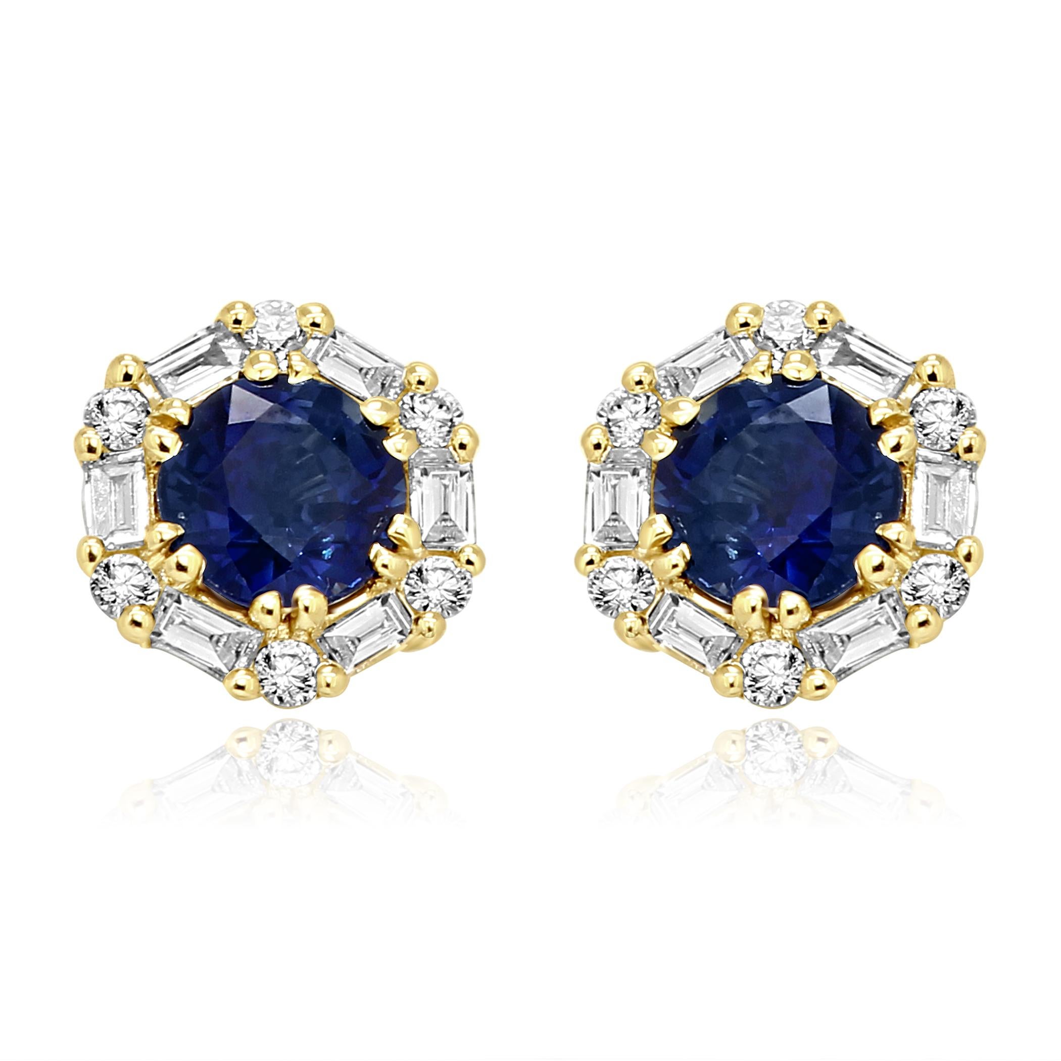 Blue Sapphire Round White Diamond Halo 14k Yellow Gold Fashion Stud Earring 1