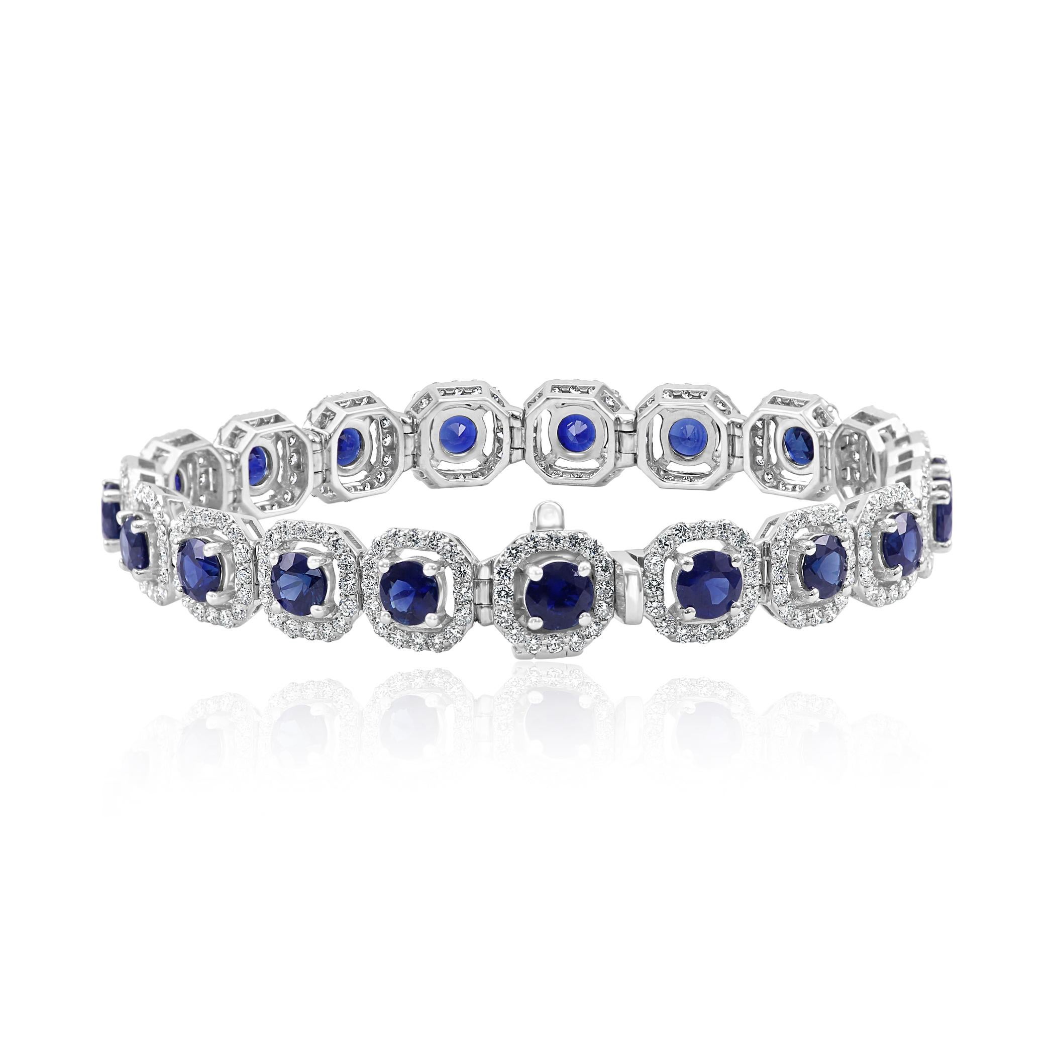 Blue Sapphire Round White Diamond Halo White Gold Fashion Bracelet In New Condition In NEW YORK, NY