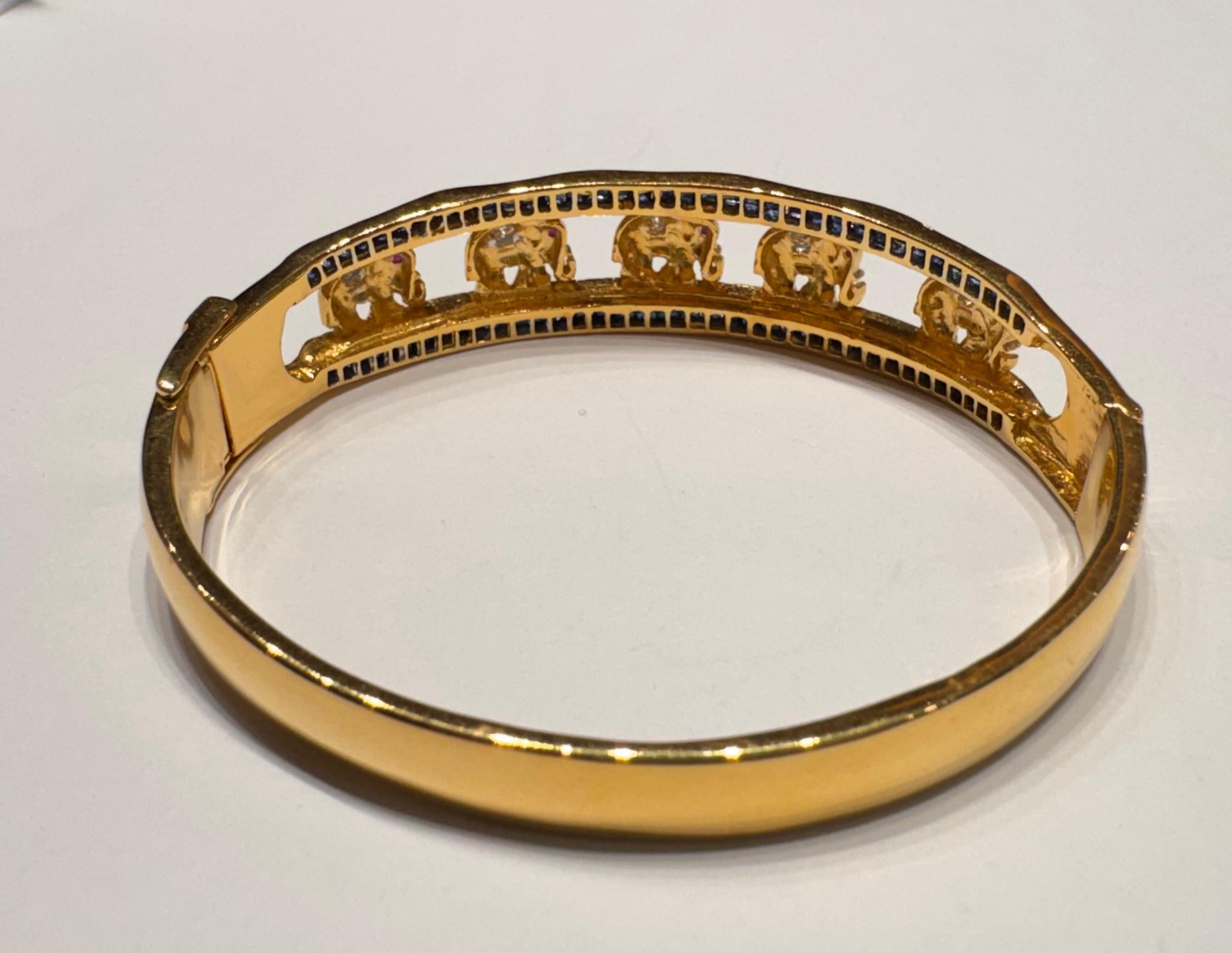 Blue Sapphire, Ruby 0.15 and Diamond Elephant Bangle set in 18K Gold Settings For Sale 4