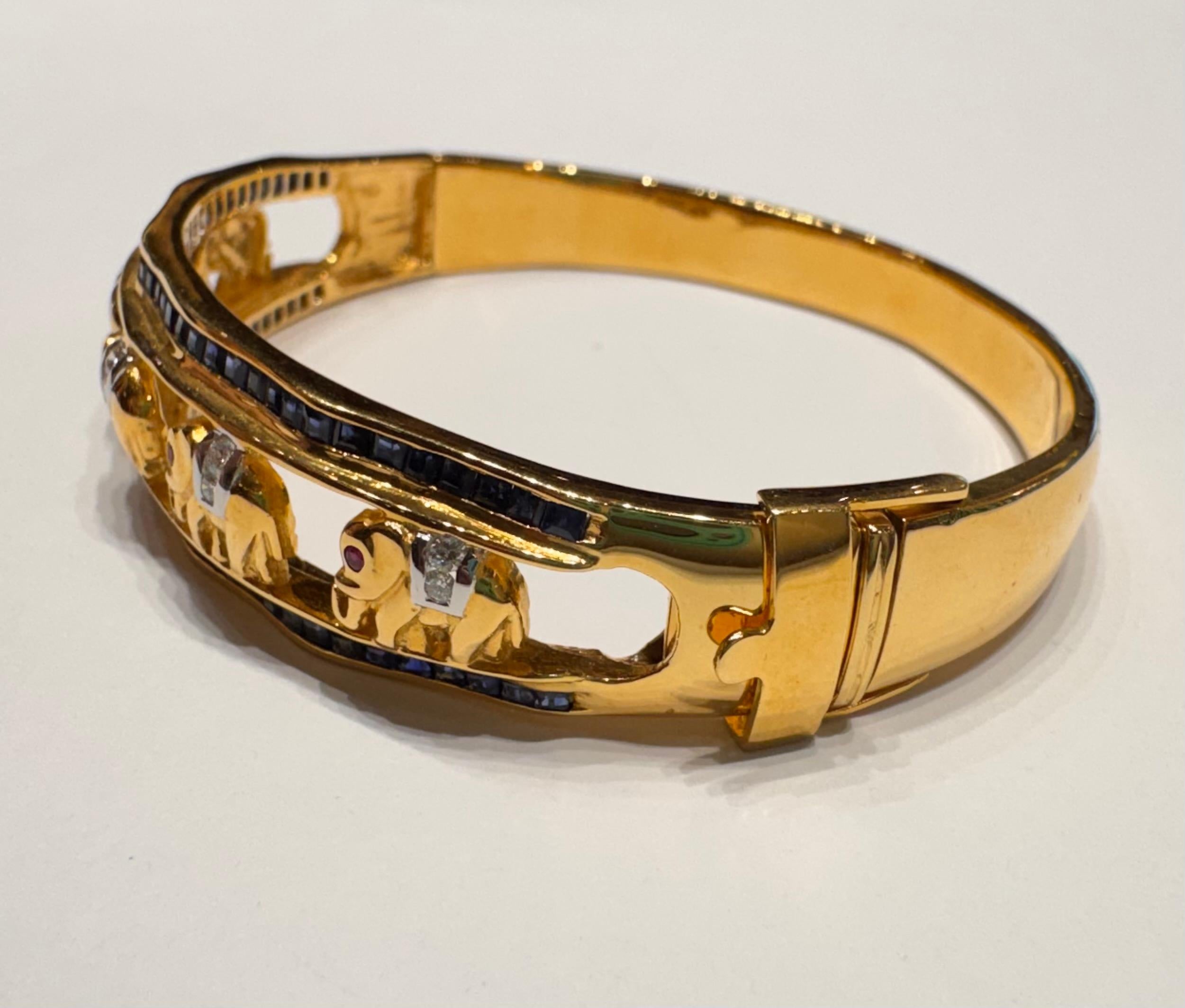 Blue Sapphire, Ruby 0.15 and Diamond Elephant Bangle set in 18K Gold Settings For Sale 5