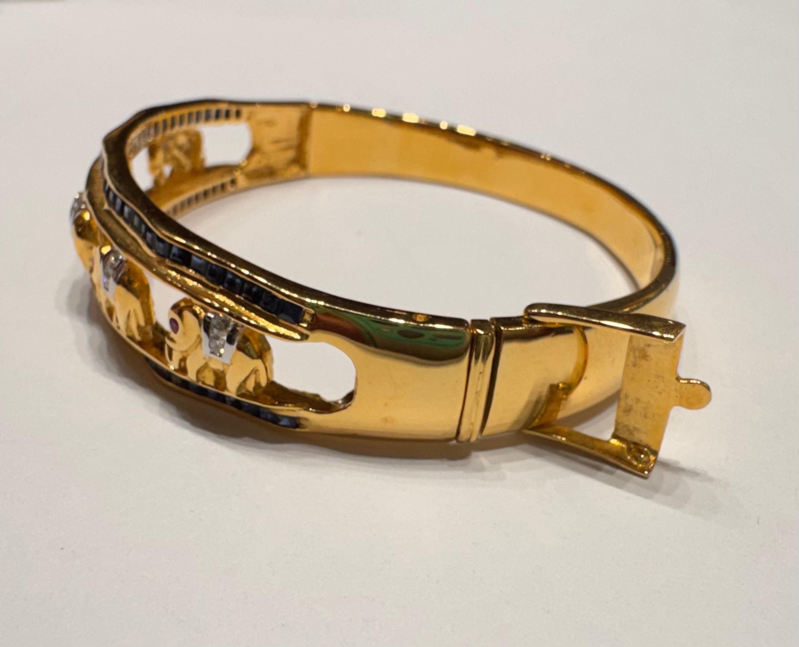 Blue Sapphire, Ruby 0.15 and Diamond Elephant Bangle set in 18K Gold Settings For Sale 6