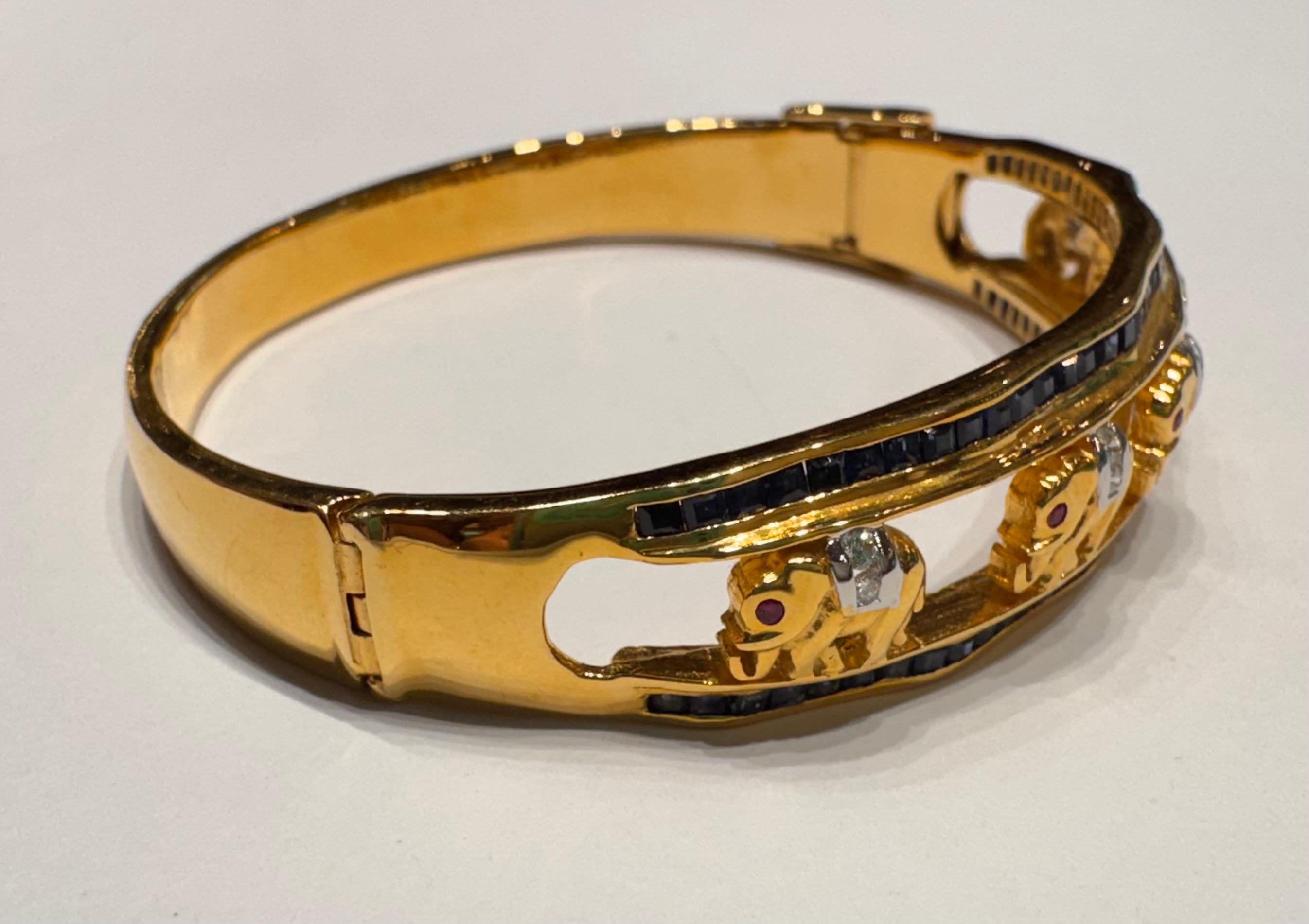 Blue Sapphire, Ruby 0.15 and Diamond Elephant Bangle set in 18K Gold Settings For Sale 2