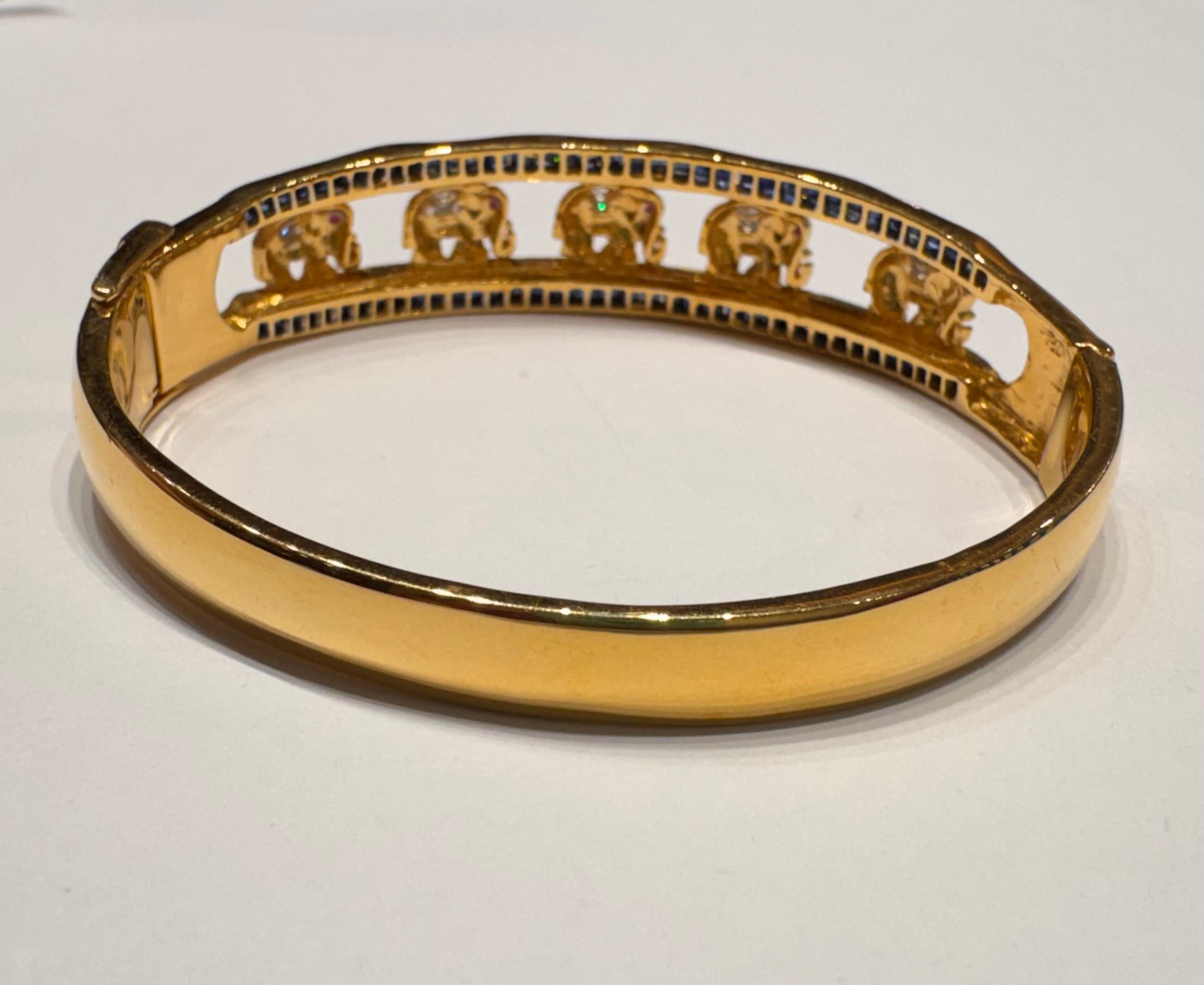 Blue Sapphire, Ruby 0.15 and Diamond Elephant Bangle set in 18K Gold Settings For Sale 3