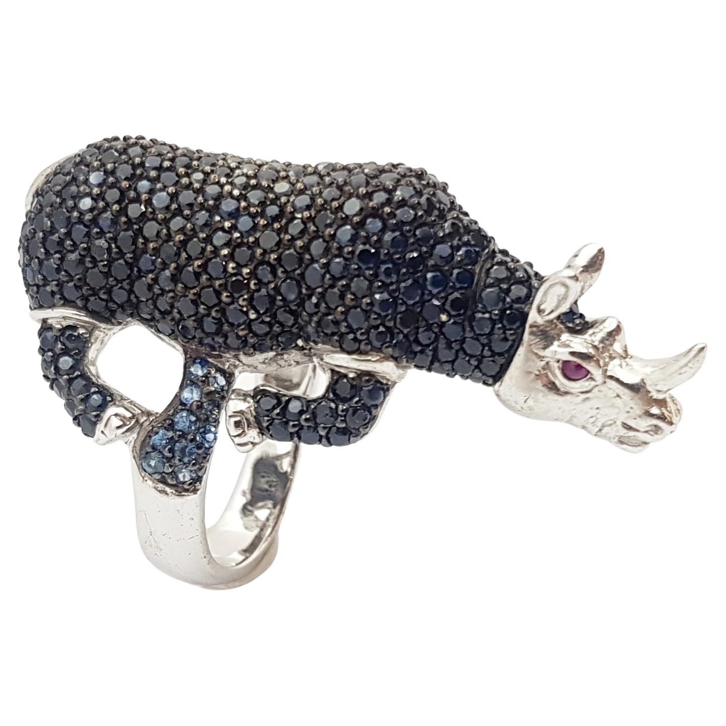 Blue Sapphire, Ruby and Black Sapphire Rhinoceros Ring set in Silver Settings For Sale