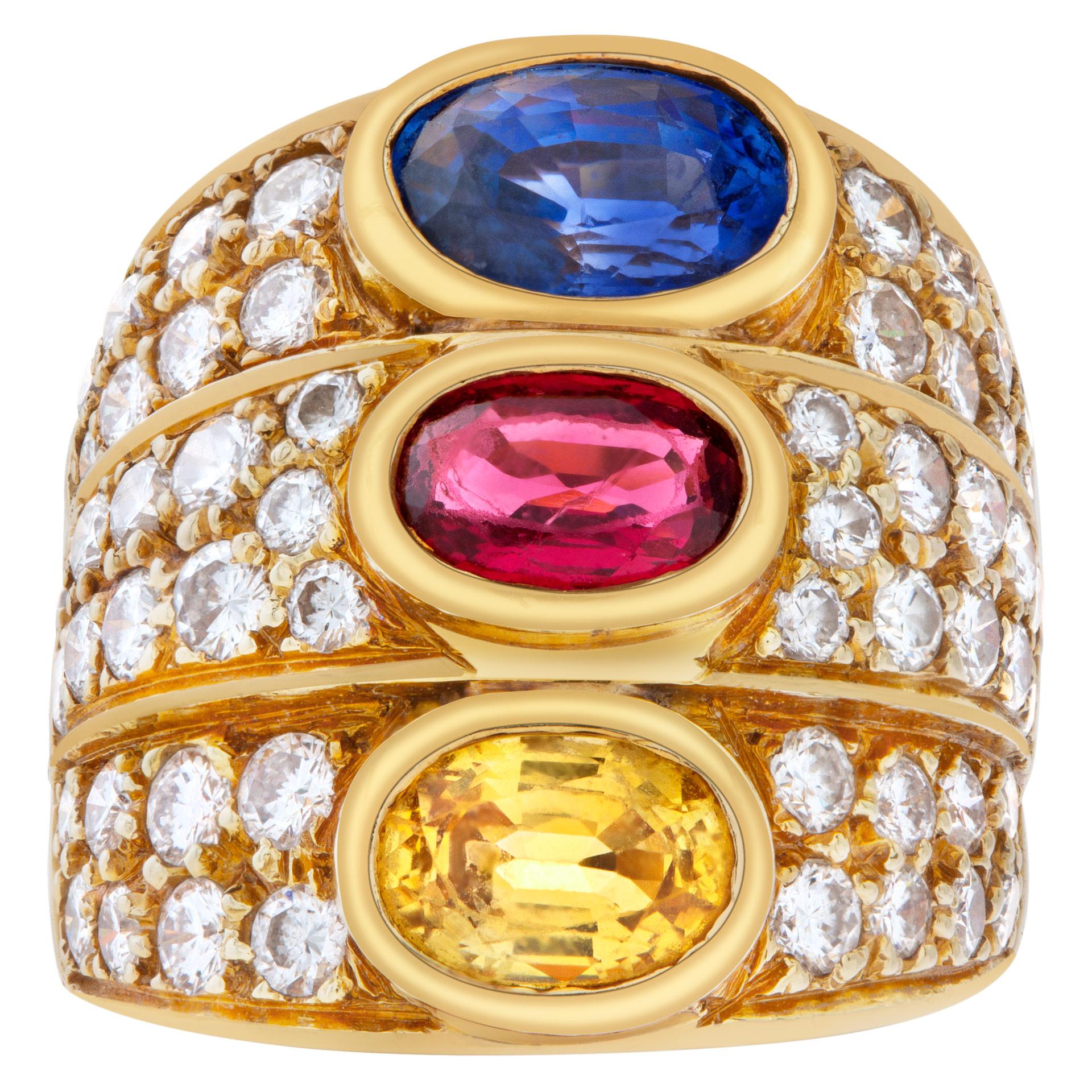 Blue sapphire, ruby and citrine ring with over 2 carats round brilliant cut diamonds, estimate: G-H color, VS clarity, set in 18k gold. Size 6.This Diamond ring is currently size 6 and some items can be sized up or down, please ask! It weighs 10