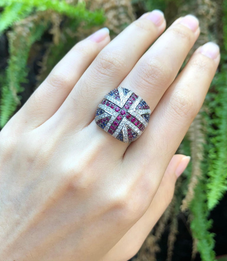 Blue Sapphire, Ruby and Diamond British Flag Ring in 18 Karat White