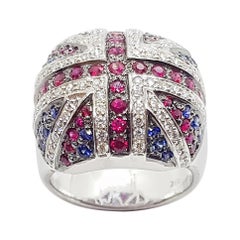 Blue Sapphire, Ruby and Diamond British Flag Ring in 18 Karat White Gold