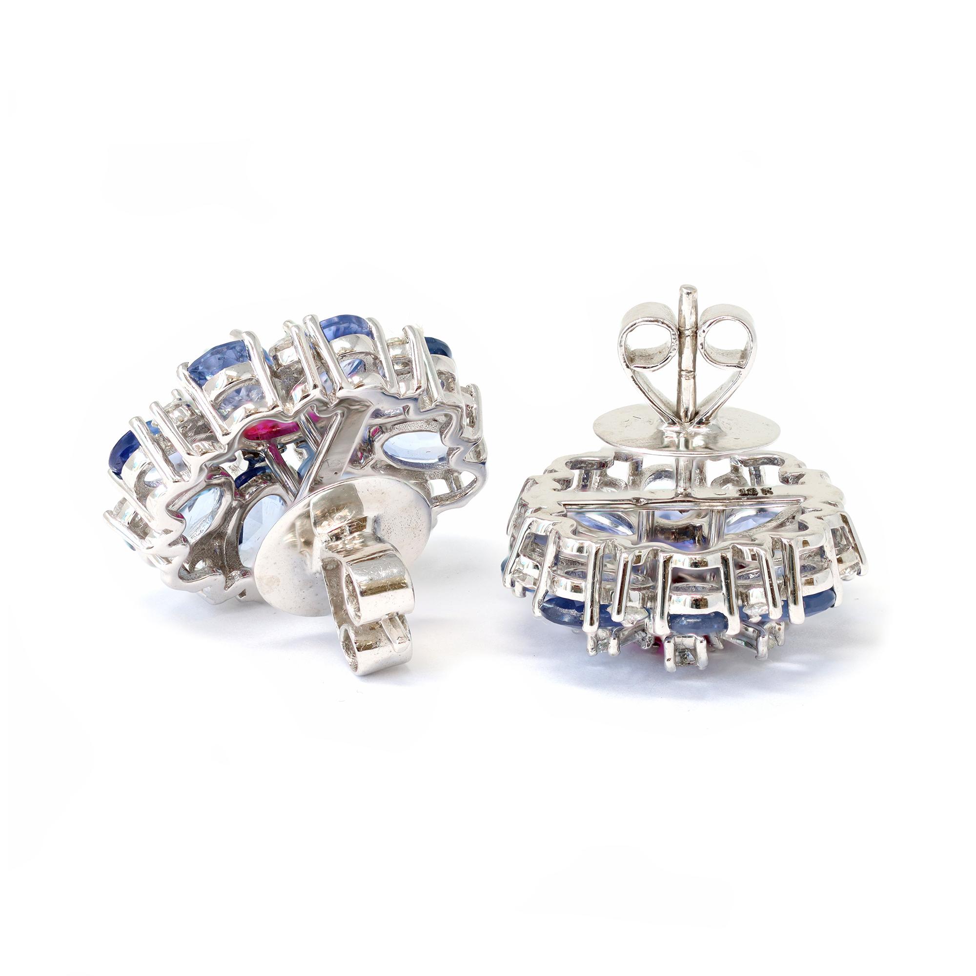 Modern Blue Sapphire, Ruby and Diamond Cluster Earrings Set in 18 Karat Gold For Sale