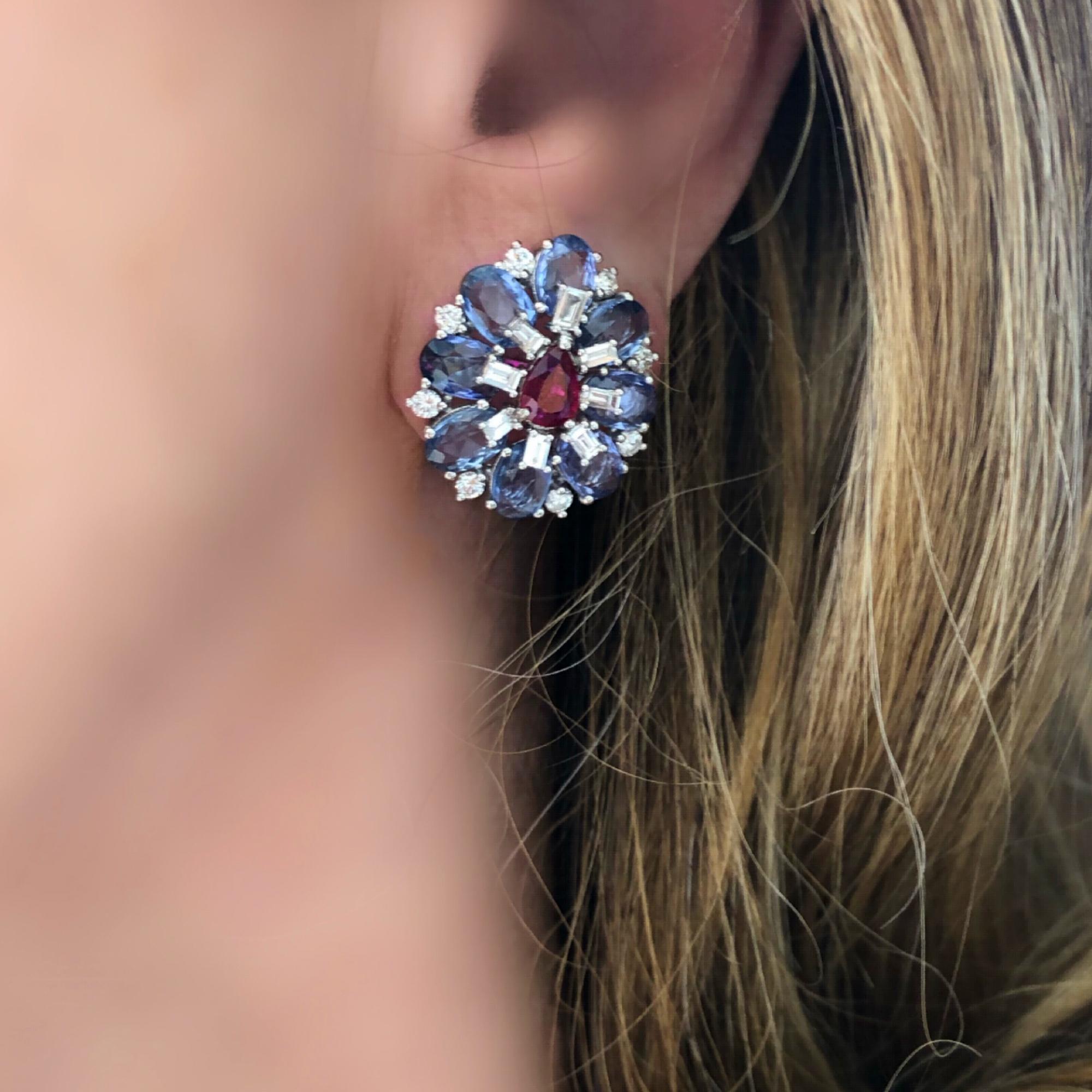 Blue Sapphire, Ruby and Diamond Cluster Earrings Set in 18 Karat Gold In Excellent Condition For Sale In Miami, FL