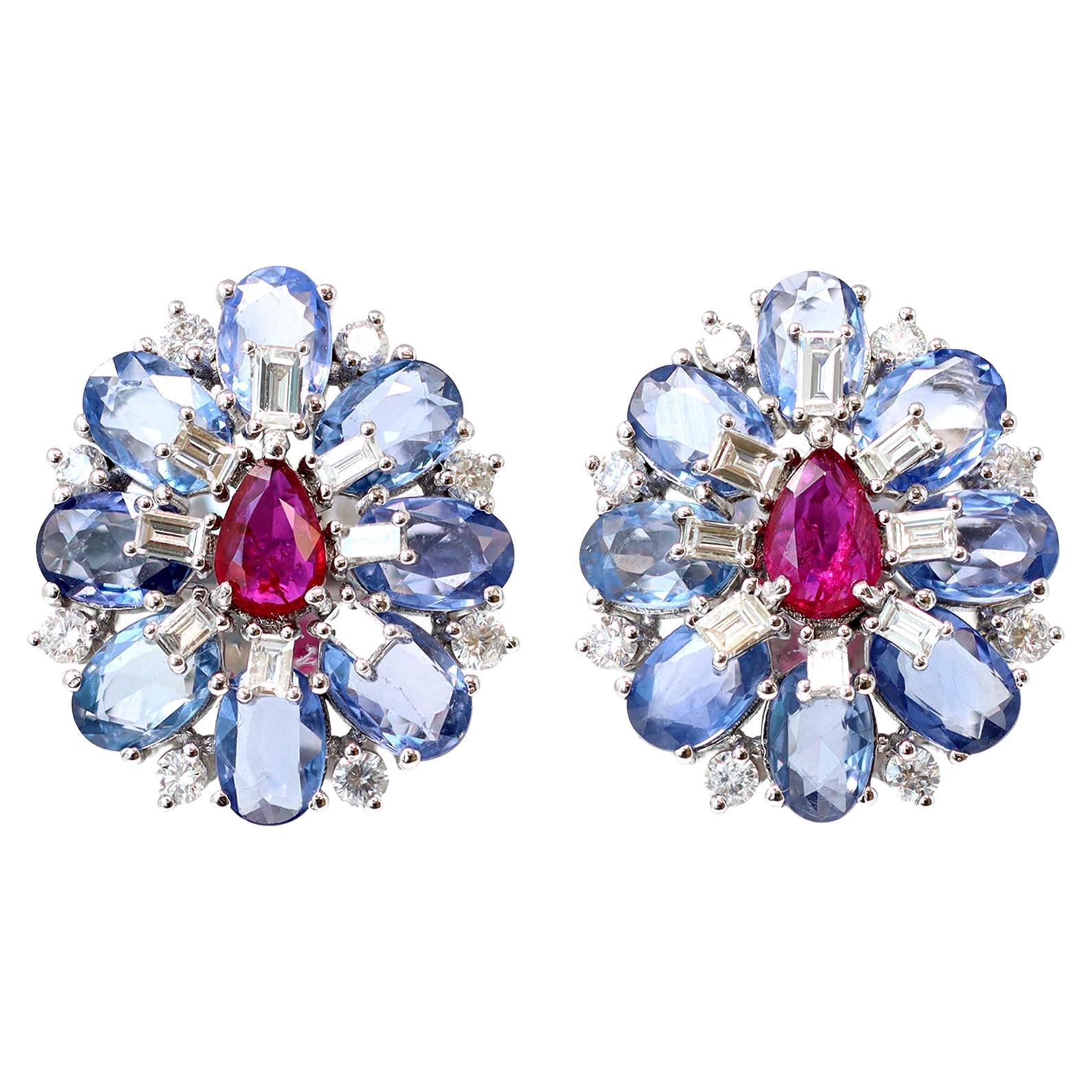 Blue Sapphire, Ruby and Diamond Cluster Earrings Set in 18 Karat Gold For Sale