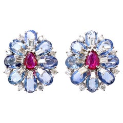 Blue Sapphire, Ruby and Diamond Cluster Earrings Set in 18 Karat Gold