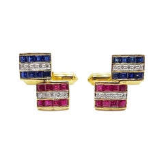 Boutons de manchette en or 18 carats sertis de saphirs bleus, de rubis et de diamants