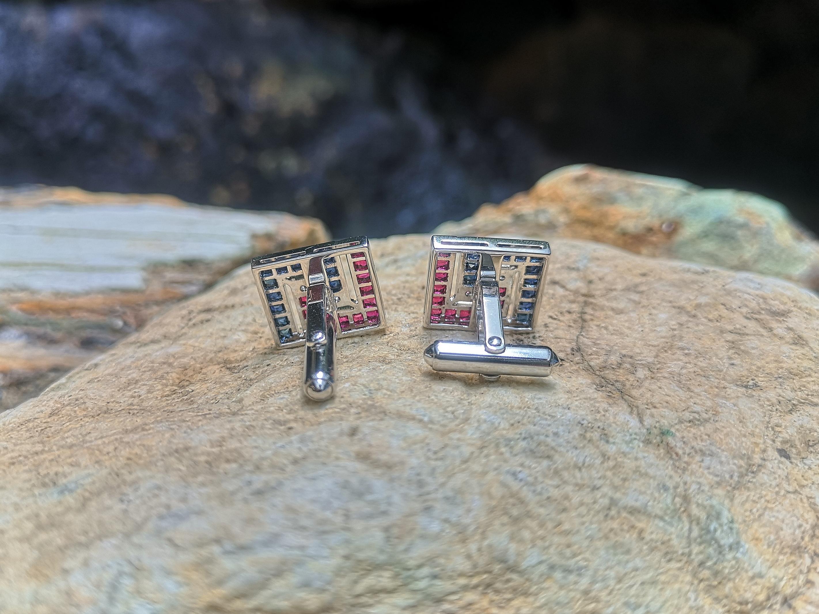 Blue Sapphire, Ruby and Diamond Cufflinks Set in 18 Karat White Gold Settings For Sale 1