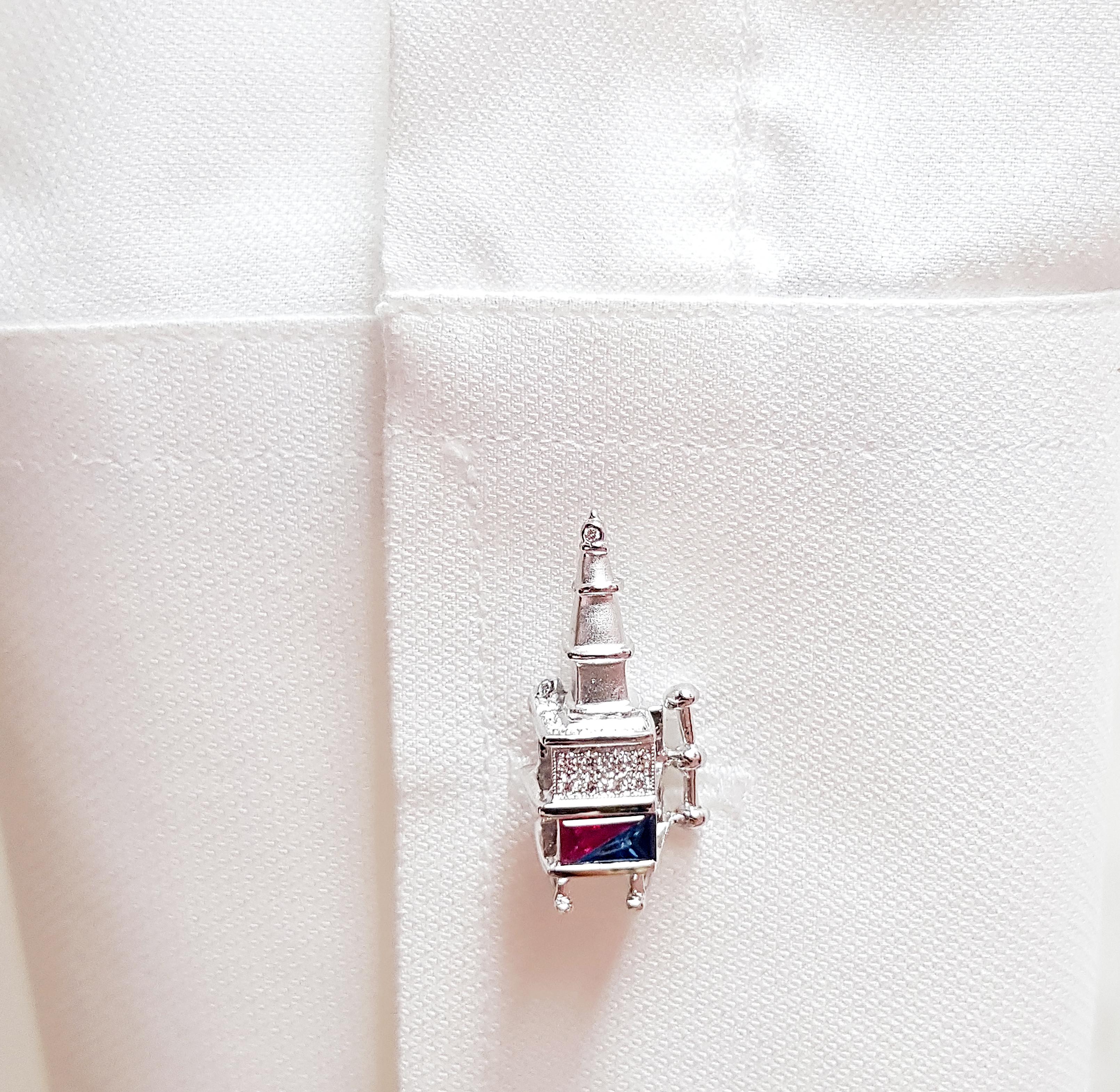 Blue Sapphire, Ruby and Diamond Oil-Rig Cufflinks Set in 18 Karat White Gold For Sale 2