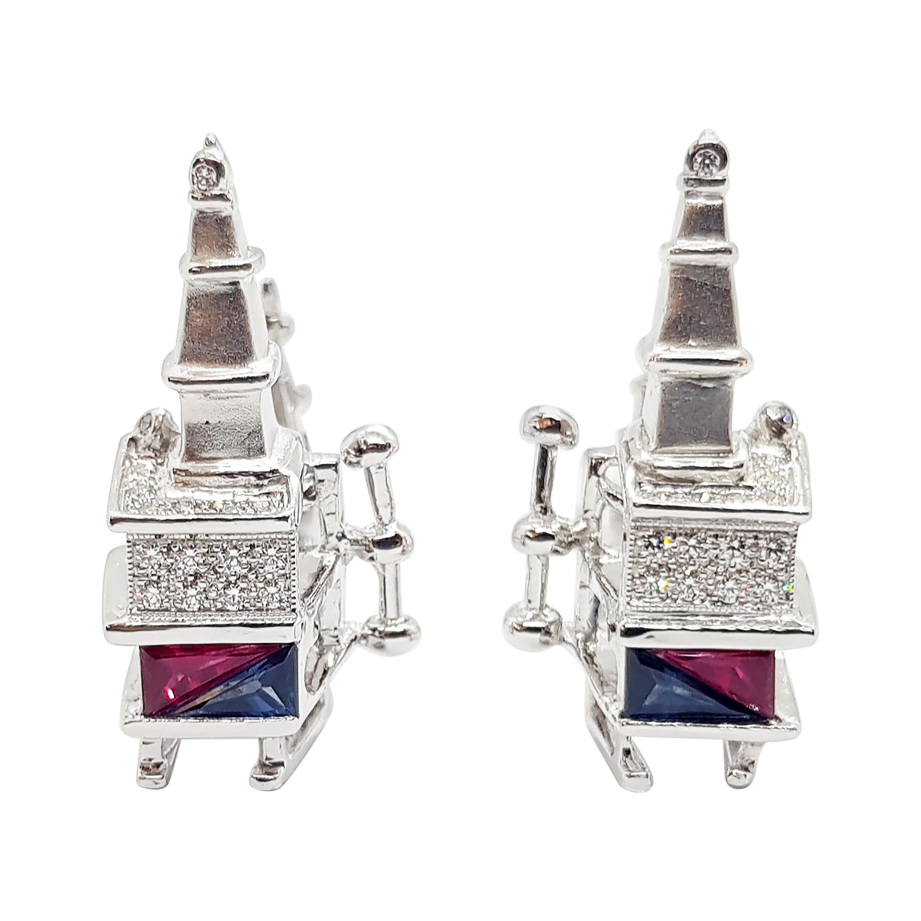 Blue Sapphire, Ruby and Diamond Oil-Rig Cufflinks Set in 18 Karat White Gold For Sale