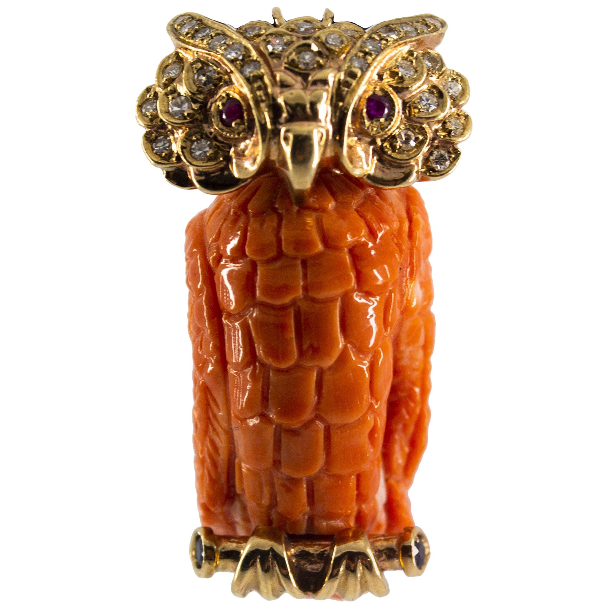 Blue Sapphire Ruby Coral 0.70 Carat White Diamond Yellow Gold "Owl" Pendant