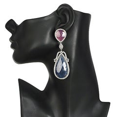 Blue Sapphire & Ruby Dangle Earrings With Diamonds In 18k Yellow Gold