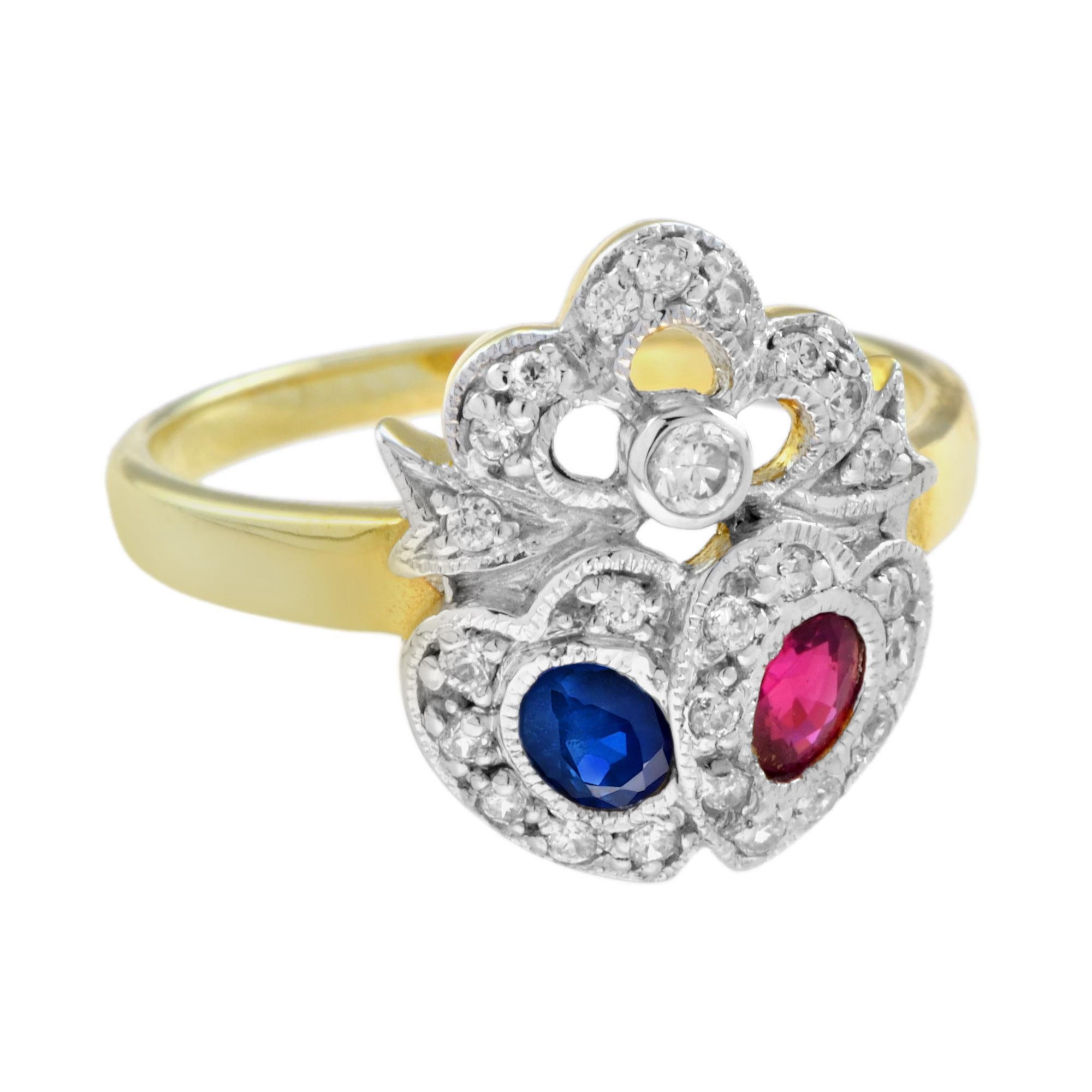 For Sale:  Blue Sapphire Ruby Diamond Double Heart Vintage Style Ring in 14K Yellow Gold 3