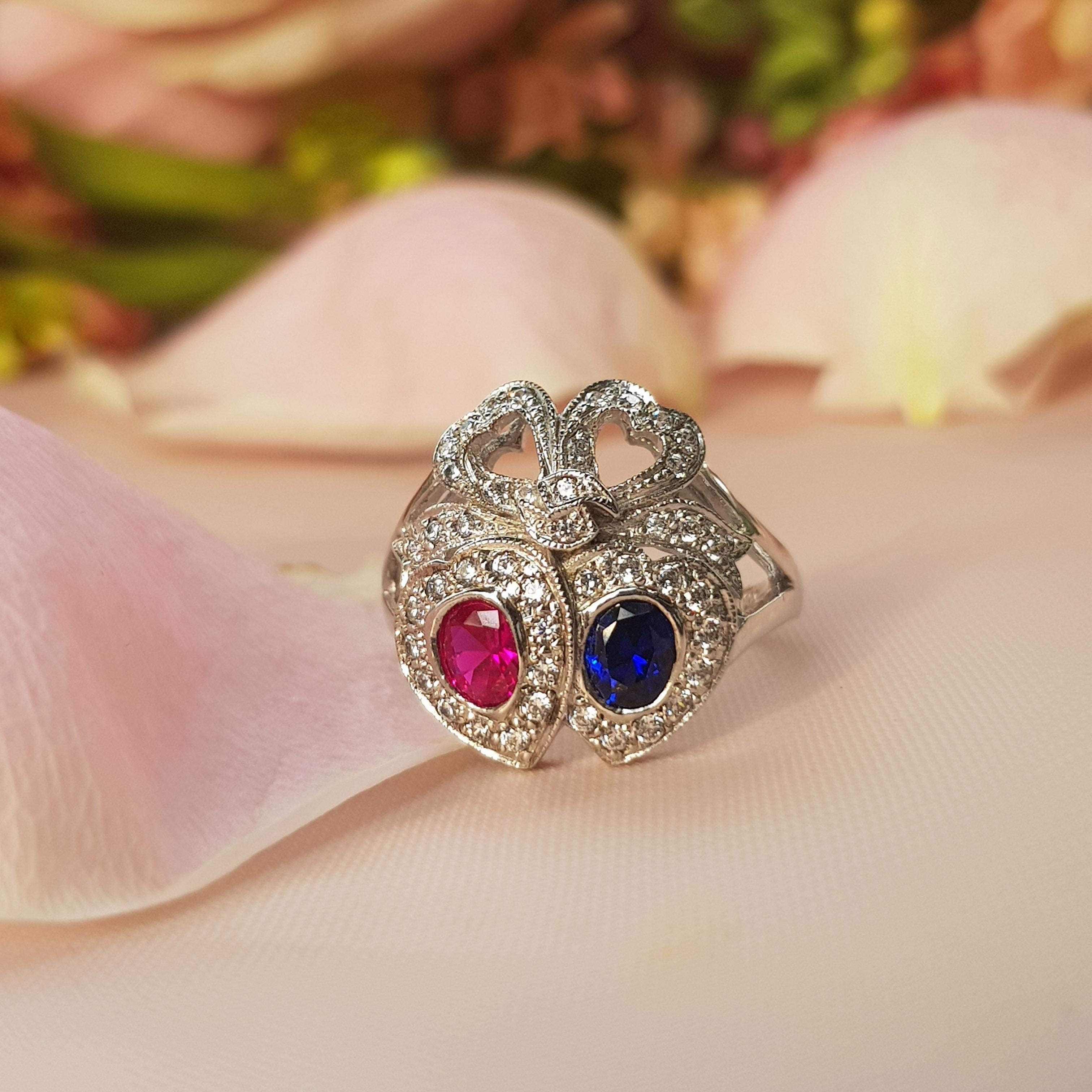 For Sale:  Blue Sapphire Ruby Diamond Double Heart Vintage Style Ring in 14K Yellow Gold 2