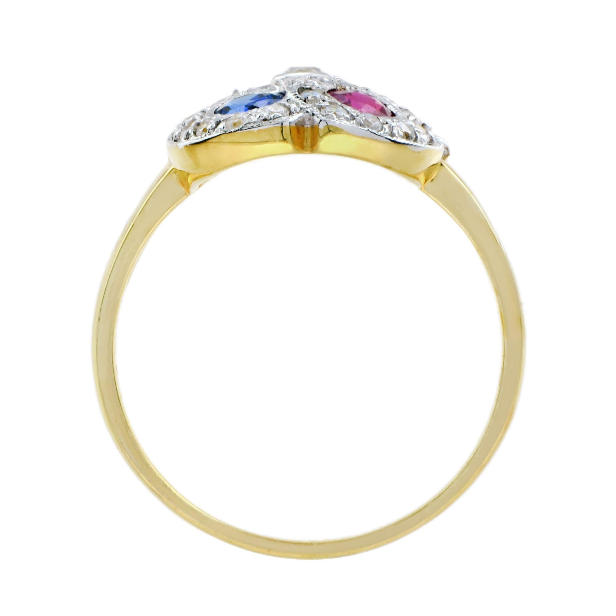 For Sale:  Blue Sapphire Ruby Diamond Double Heart Vintage Style Ring in 14K Yellow Gold 6