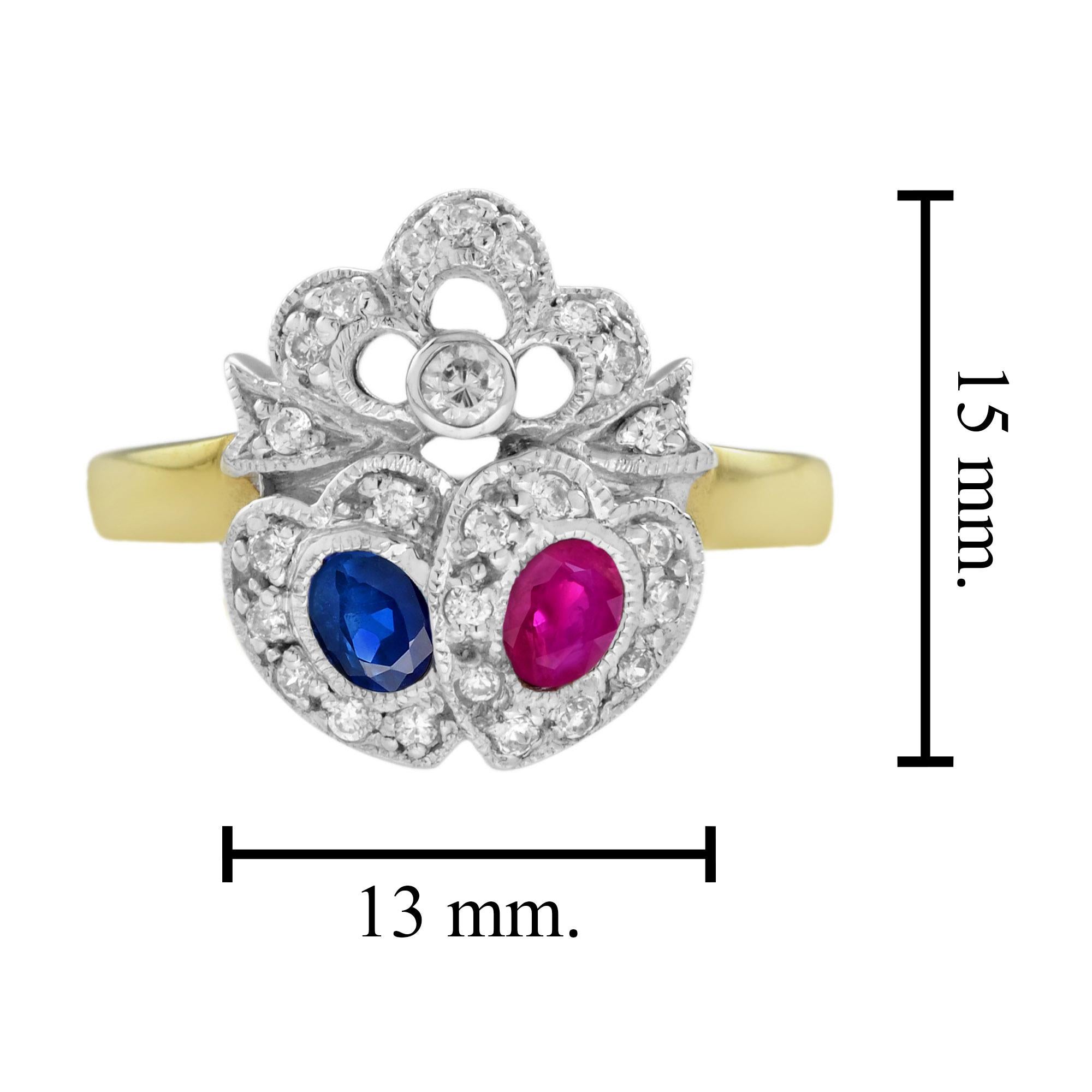 For Sale:  Blue Sapphire Ruby Diamond Double Heart Vintage Style Ring in 14K Yellow Gold 7