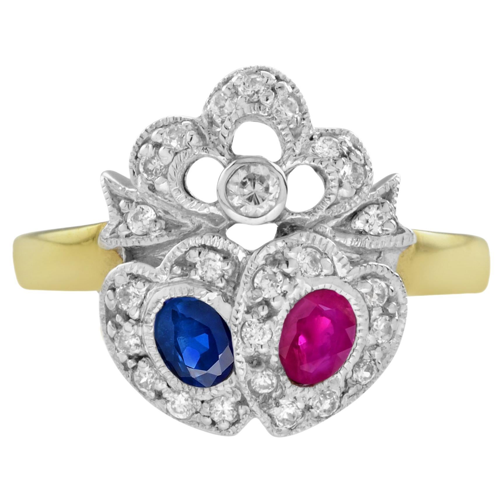 Doppelherz-Ring aus 14 Karat Gelbgold mit blauem Saphir, Rubin und Diamant im Vintage-Stil