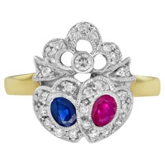 Blue Sapphire Ruby Diamond Double Heart Vintage Style Ring in 14K Yellow Gold