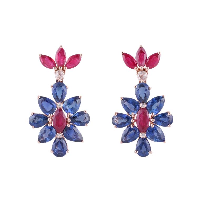 Blue Sapphire, Ruby & Diamond Earrings Studded in 18k Rose Gold For Sale