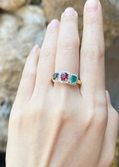Blue Sapphire, Ruby, Emerald and Diamond Ring set in 18K Gold Settings