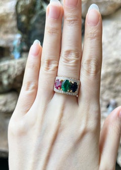 Blue Sapphire, Ruby, Emerald and Diamond Ring set in 18K Gold Settings