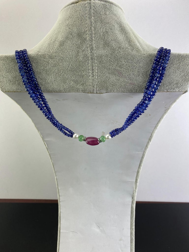 Women's Blue Sapphire, Ruby, Emerald and Pearl Multi Strand Beaded Necklace For Sale