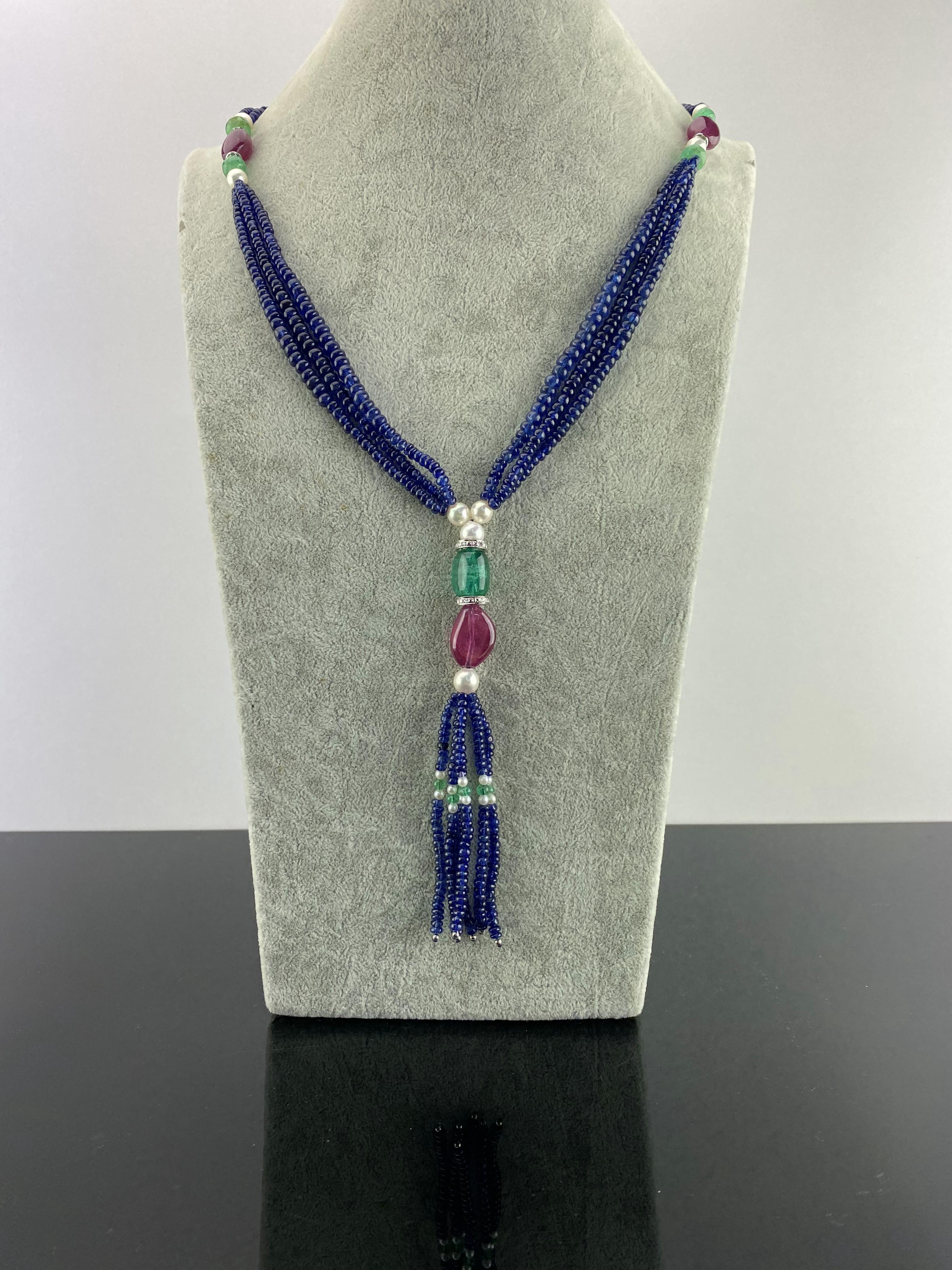 Art Deco Blue Sapphire, Ruby, Emerald and Pearl Multi Strand Beaded Necklace For Sale