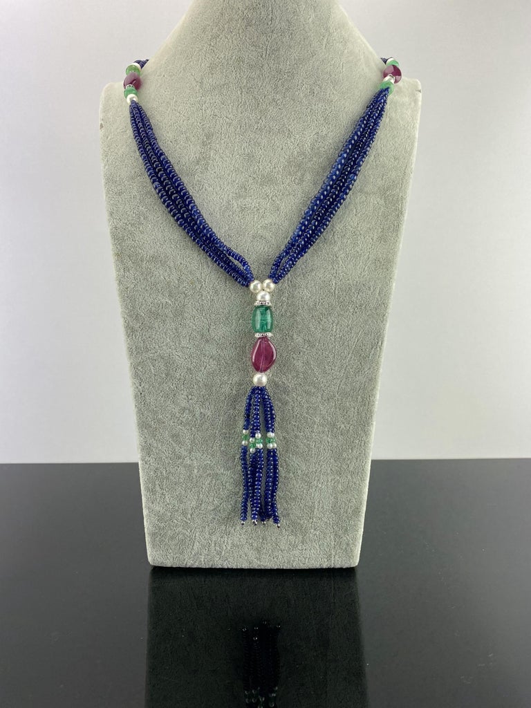 Blue Sapphire, Ruby, Emerald and Pearl Multi Strand Beaded Necklace For Sale 1