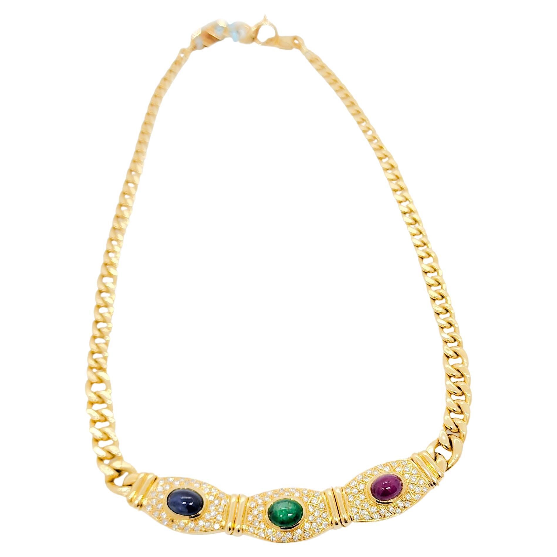 Blue Sapphire, Ruby, Emerald, and White Diamond Necklace in 18k