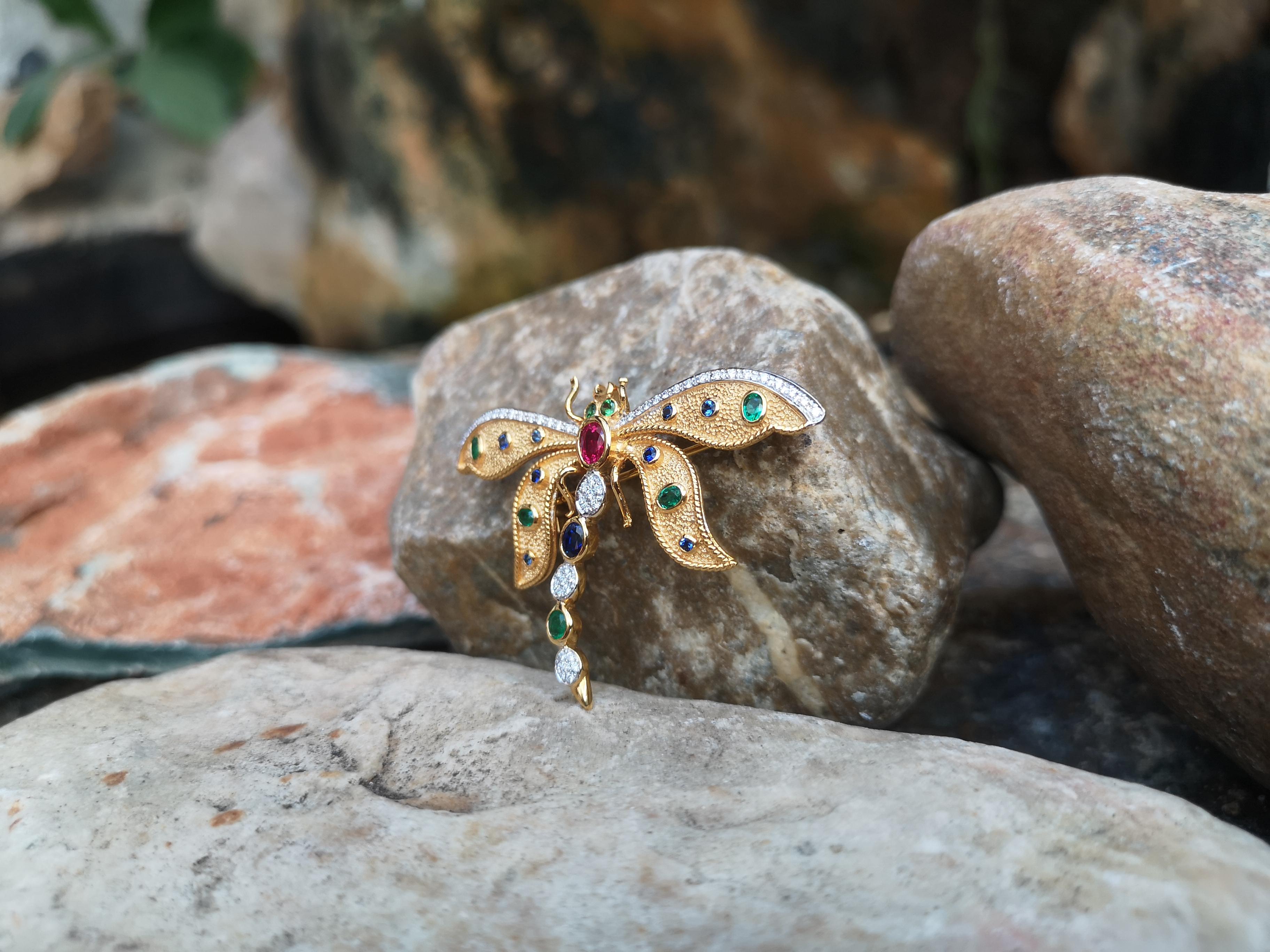 Contemporary Blue Sapphire, Ruby, Emerald Dragonfly Brooch/Pendant Set in 18 Karat Gold