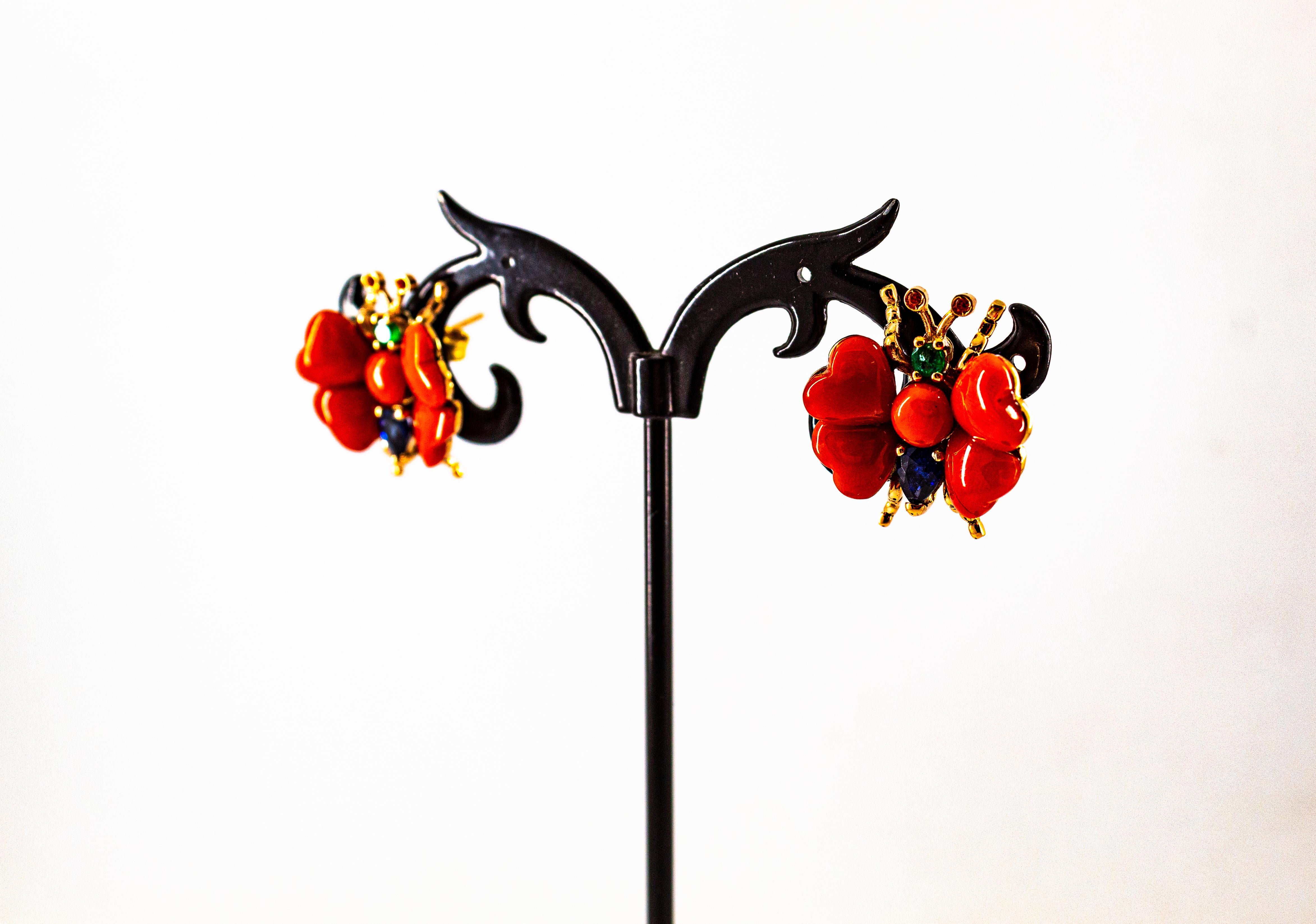 Boucles d'oreilles or jaune saphir bleu rubis émeraude Méditerranée corail rouge en vente 4