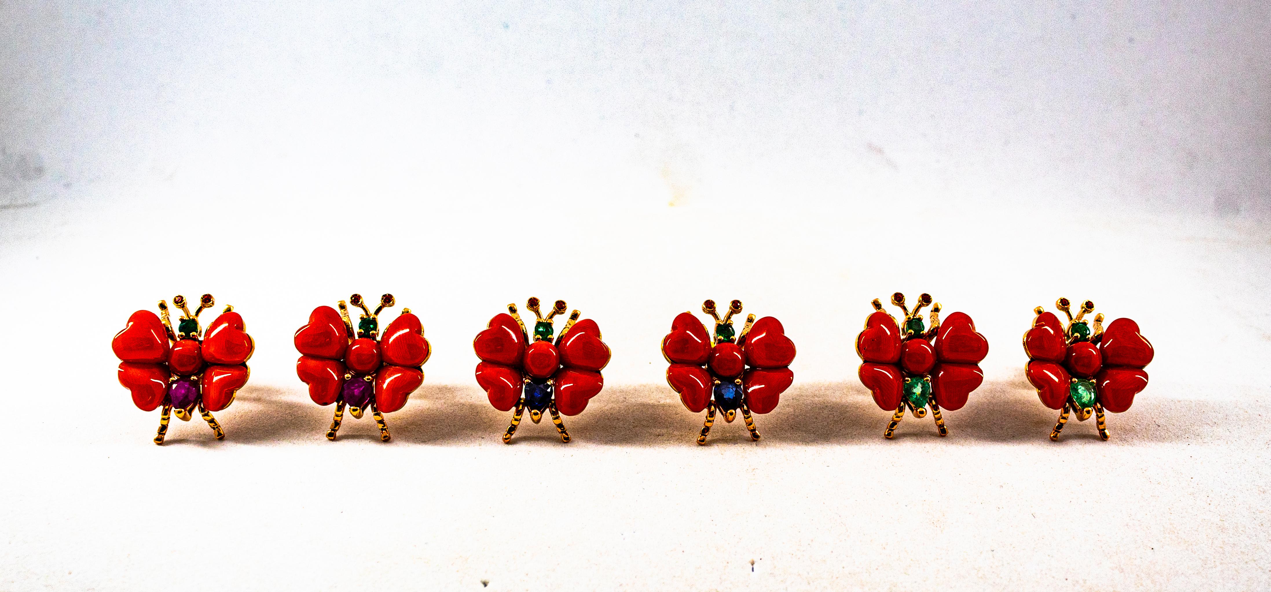Boucles d'oreilles or jaune saphir bleu rubis émeraude Méditerranée corail rouge en vente 5