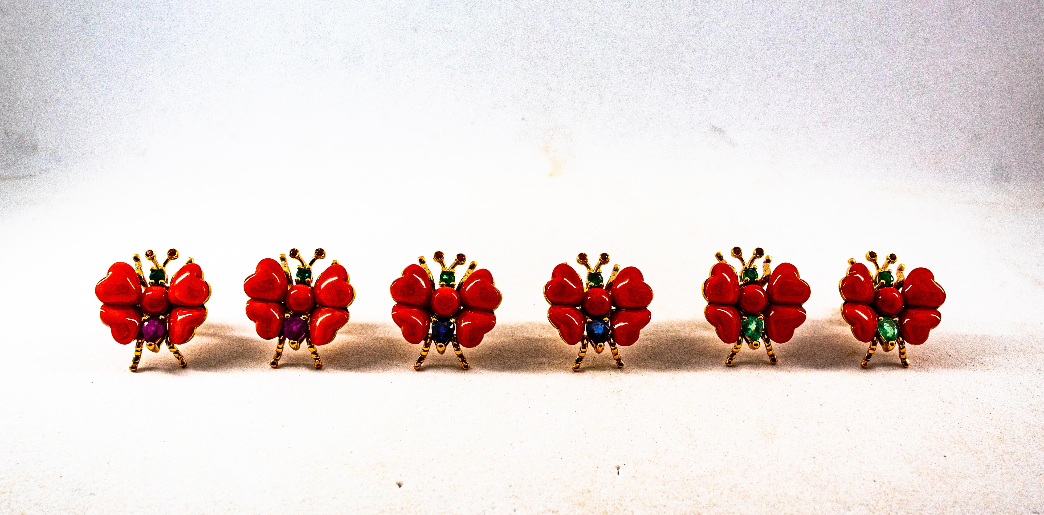 Boucles d'oreilles or jaune saphir bleu rubis émeraude Méditerranée corail rouge en vente 6