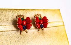 Blue Sapphire Ruby Emerald Mediterranean Red Coral Yellow Gold Stud Earrings