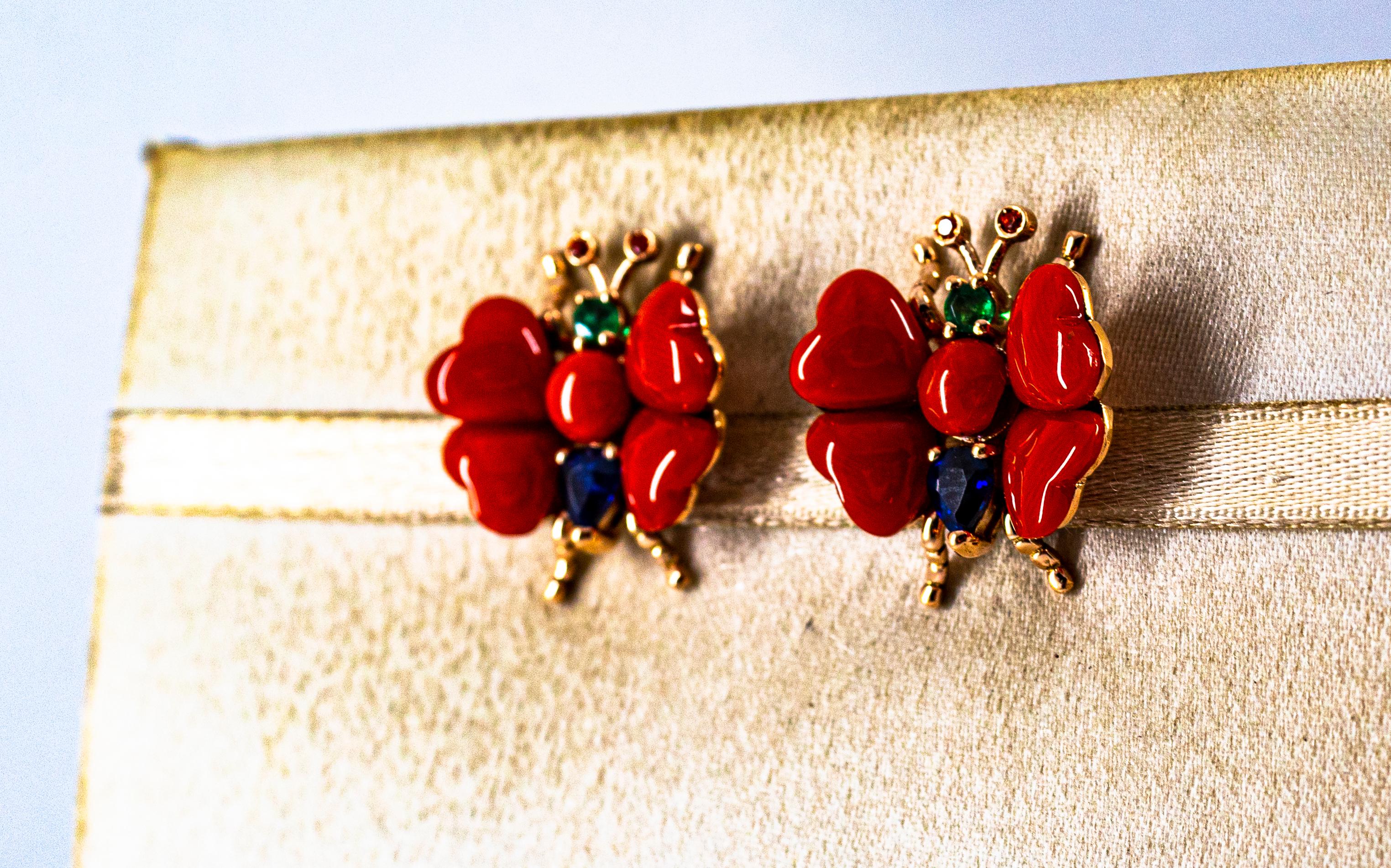 Art Nouveau Blue Sapphire Ruby Emerald Mediterranean Red Coral Yellow Gold Stud Earrings For Sale