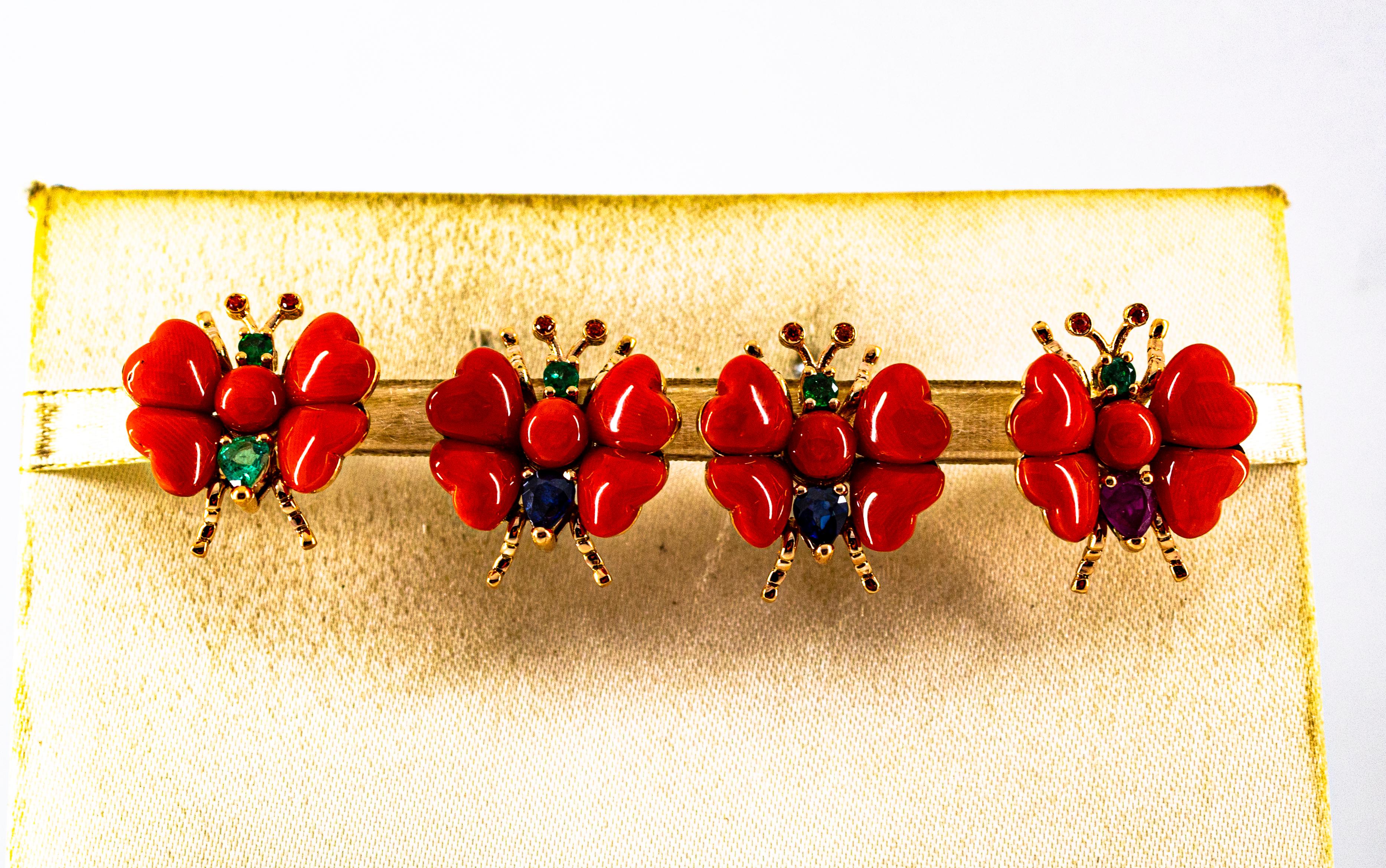 Mixed Cut Blue Sapphire Ruby Emerald Mediterranean Red Coral Yellow Gold Stud Earrings For Sale