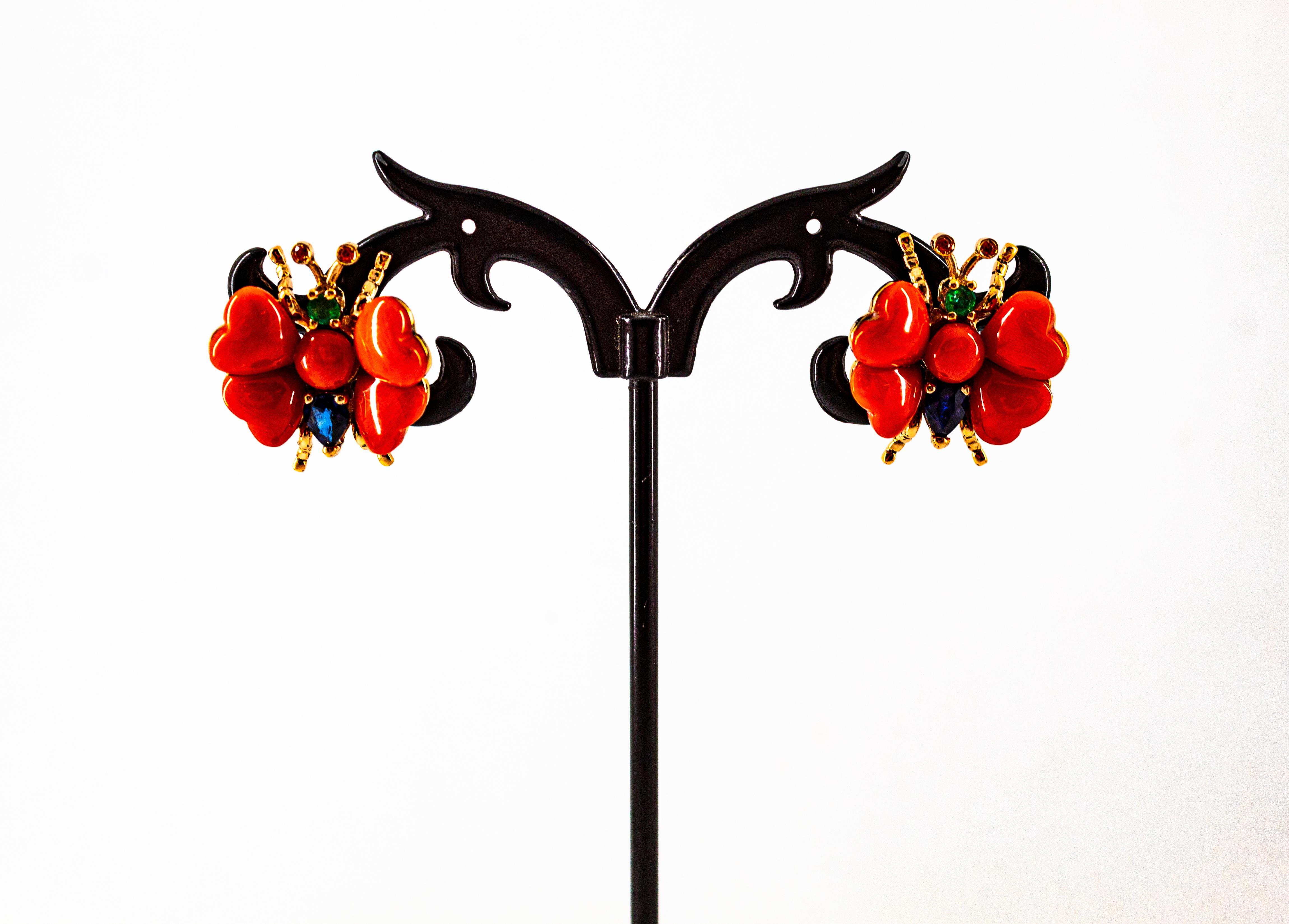 Boucles d'oreilles or jaune saphir bleu rubis émeraude Méditerranée corail rouge Unisexe en vente
