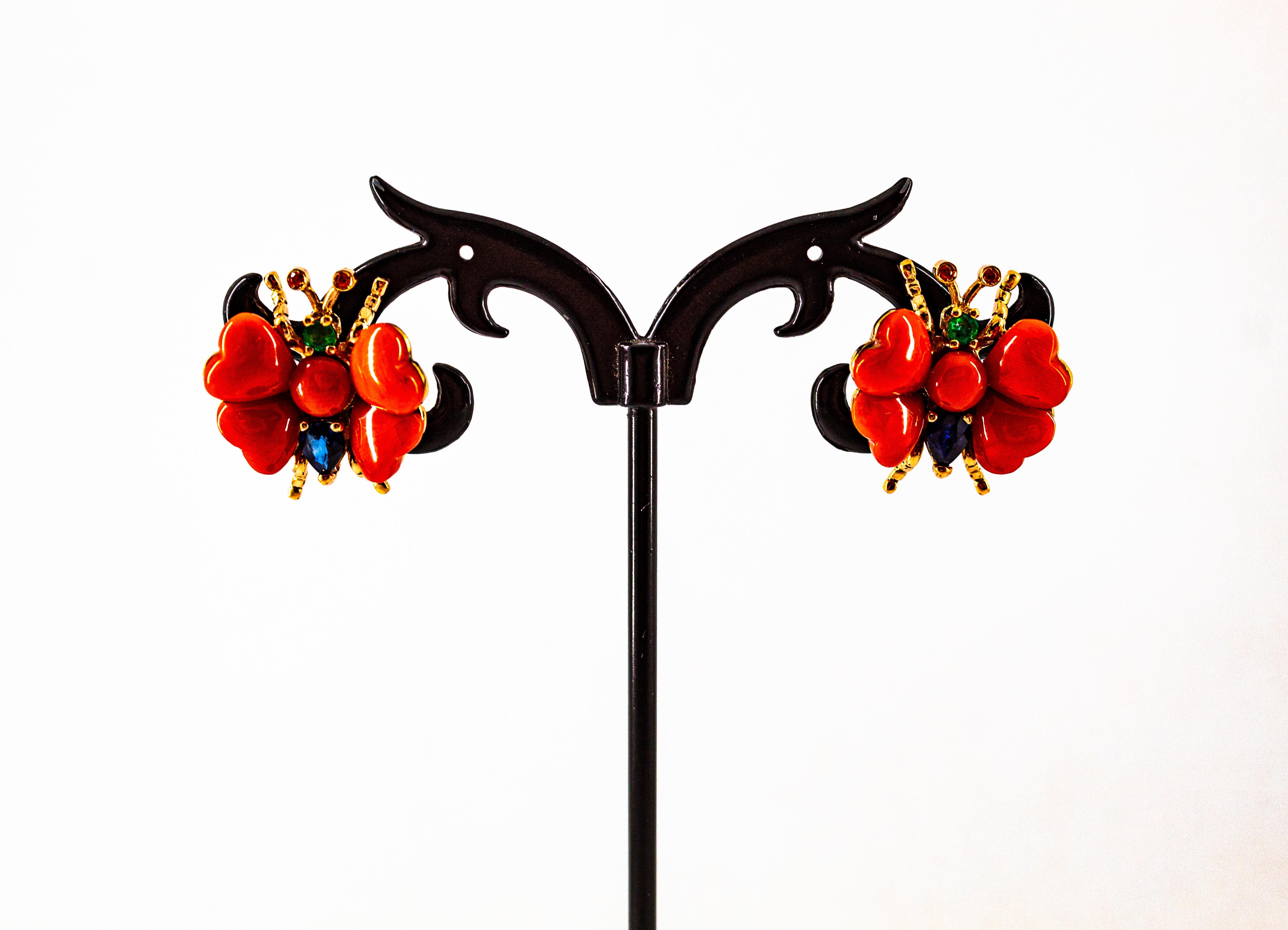 Boucles d'oreilles or jaune saphir bleu rubis émeraude Méditerranée corail rouge en vente 1