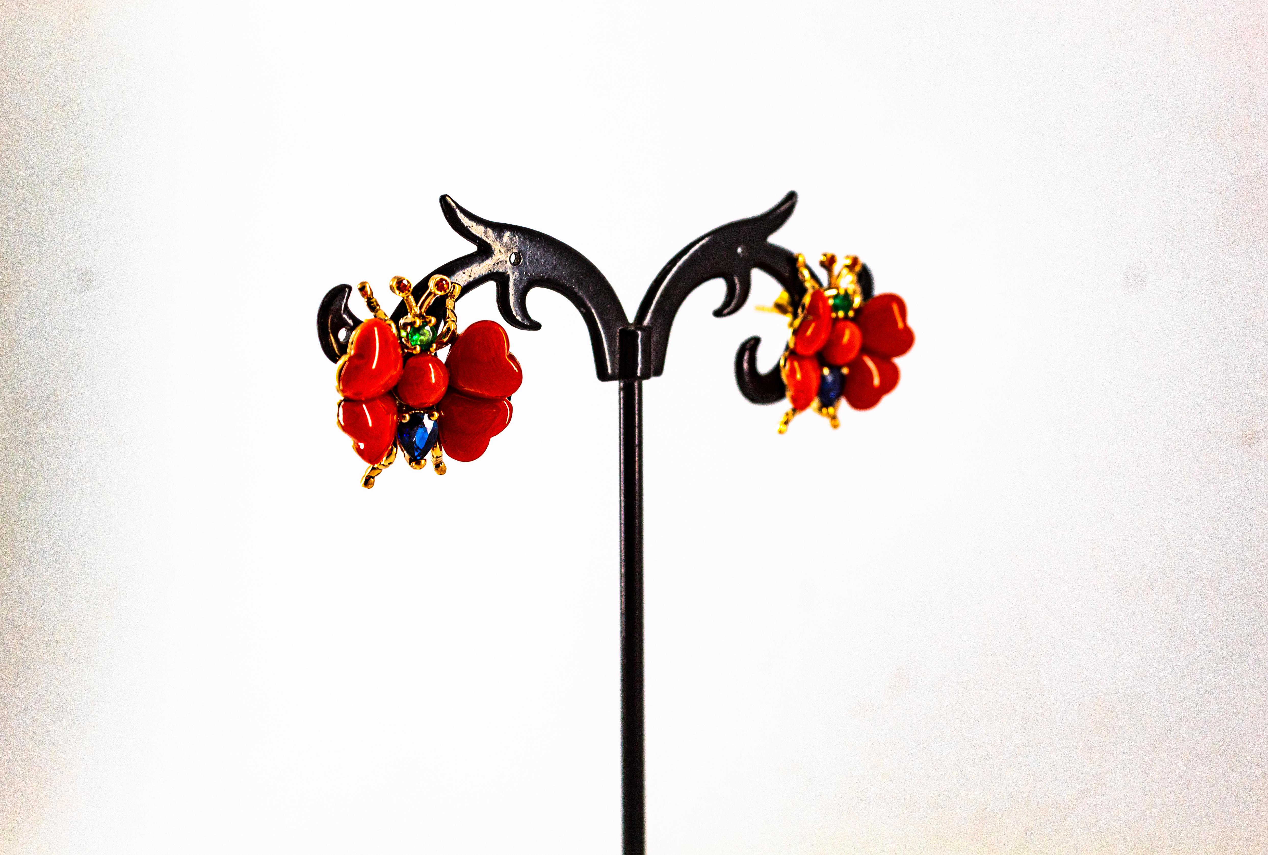Boucles d'oreilles or jaune saphir bleu rubis émeraude Méditerranée corail rouge en vente 2